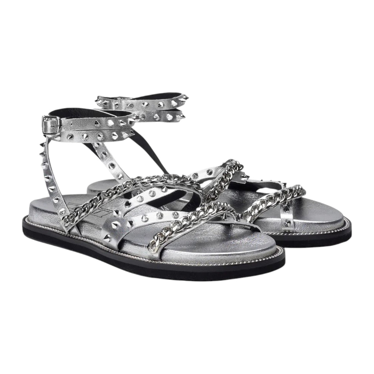 Cult Sandalo Basso Argento con Borchie e Catenelle da Donna