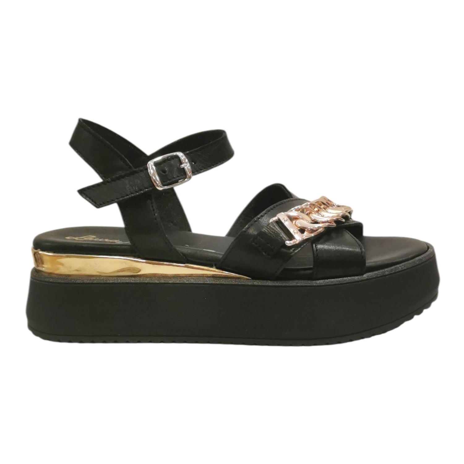 Laura Bizzarri Sandalo Nero con Zeppa e Catena da Donna