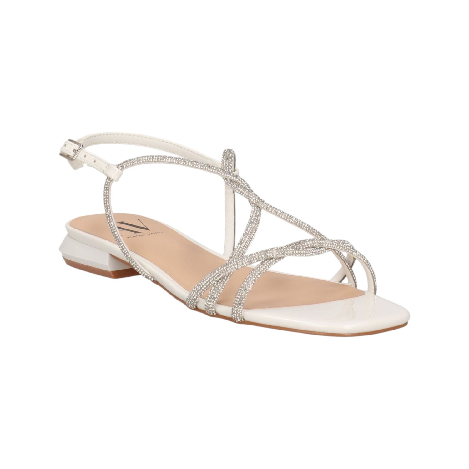 Albano Vanity Sandalo Donna con Tacco 20mm in Colore Bianco con Strass Lustrini Argento