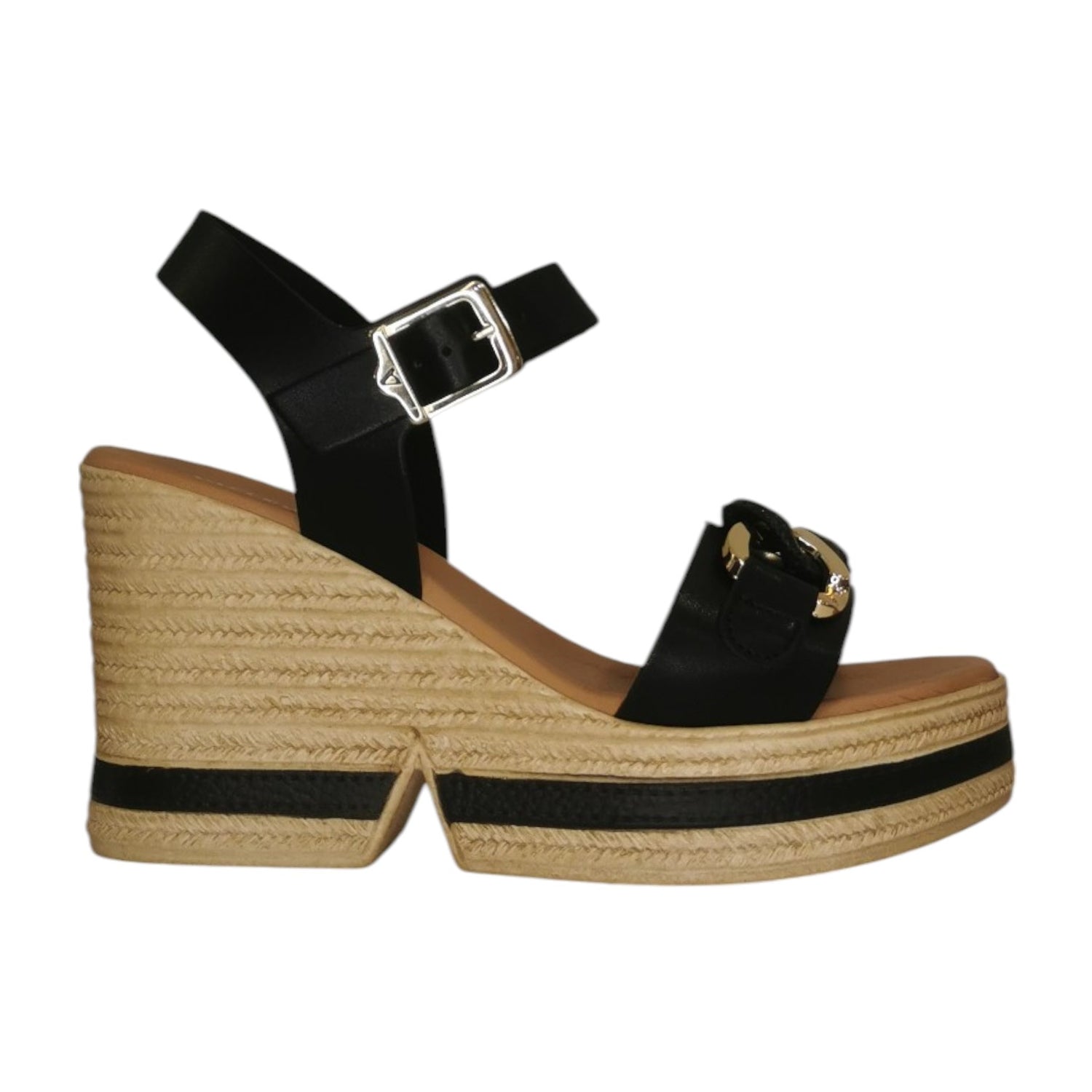 Valleverde Sandalo Nero con Zeppa in Raffia da Donna