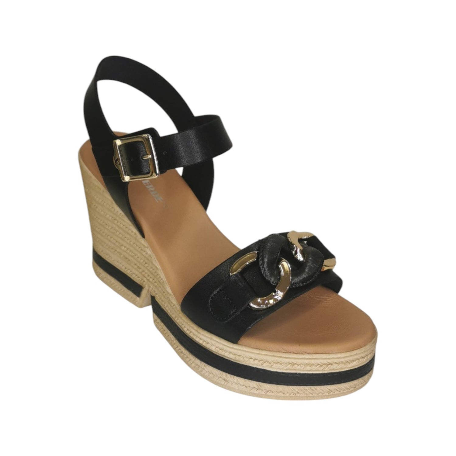 Valleverde Sandalo Nero con Zeppa in Raffia da Donna