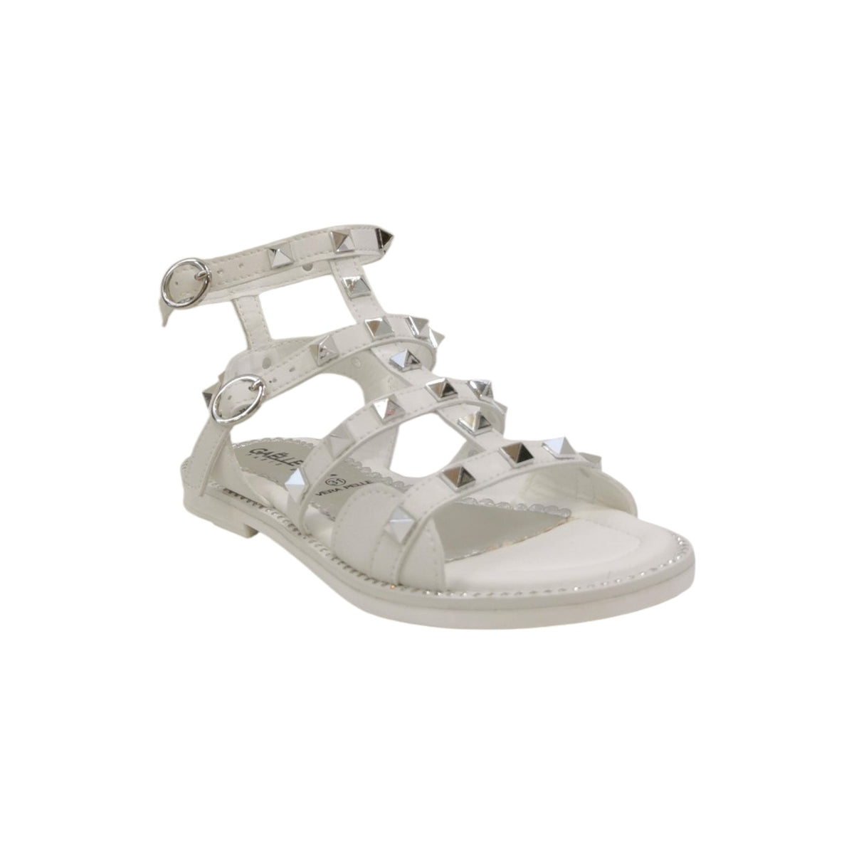 Gaelle Sandalo Bambina in Ecopelle Bianca con Borchie Argento