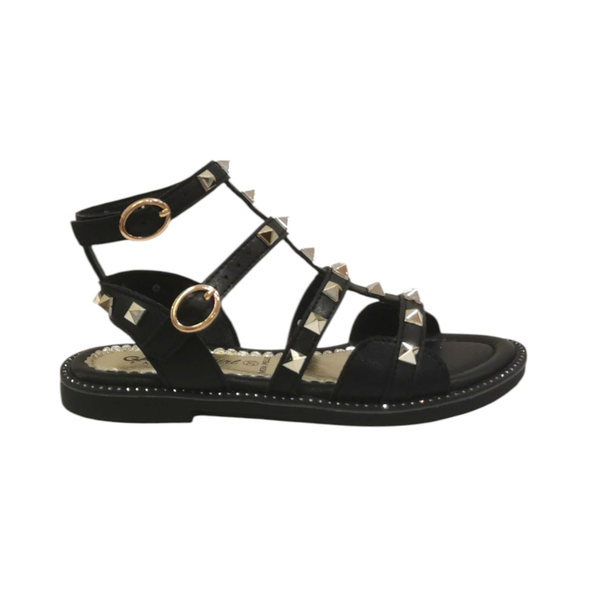 Gaelle Sandalo Bambina in Ecopelle Nero con Borchie Dorate