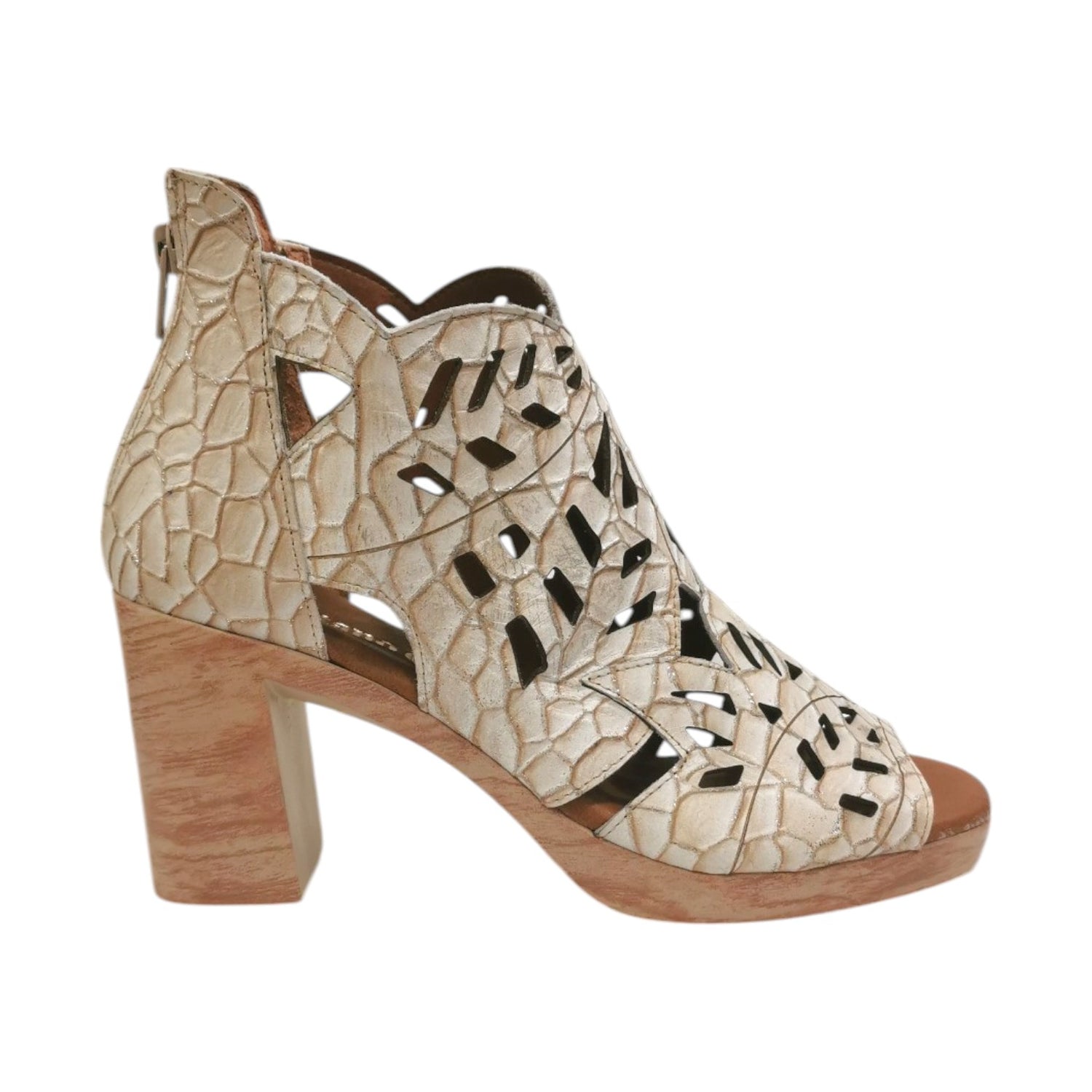 Cayetano Gimenez Stivaletto Donna in Pelle Traforata Beige con Tacco Largo di 8cm