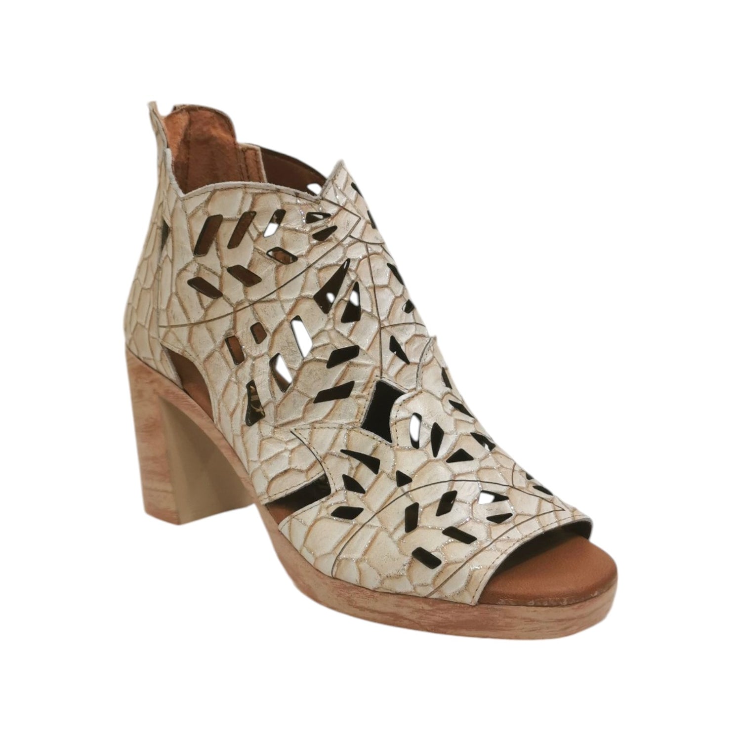 Cayetano Gimenez Stivaletto Donna in Pelle Traforata Beige con Tacco Largo di 8cm