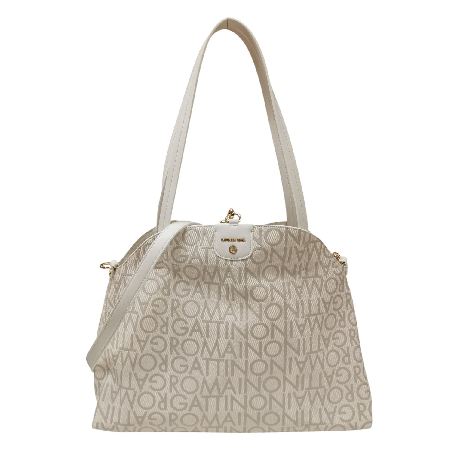 Gattinoni Roma Shopping Bag Reversibile Donna Bianco Sporco Maxi Logo Lettering con Pochette Interna