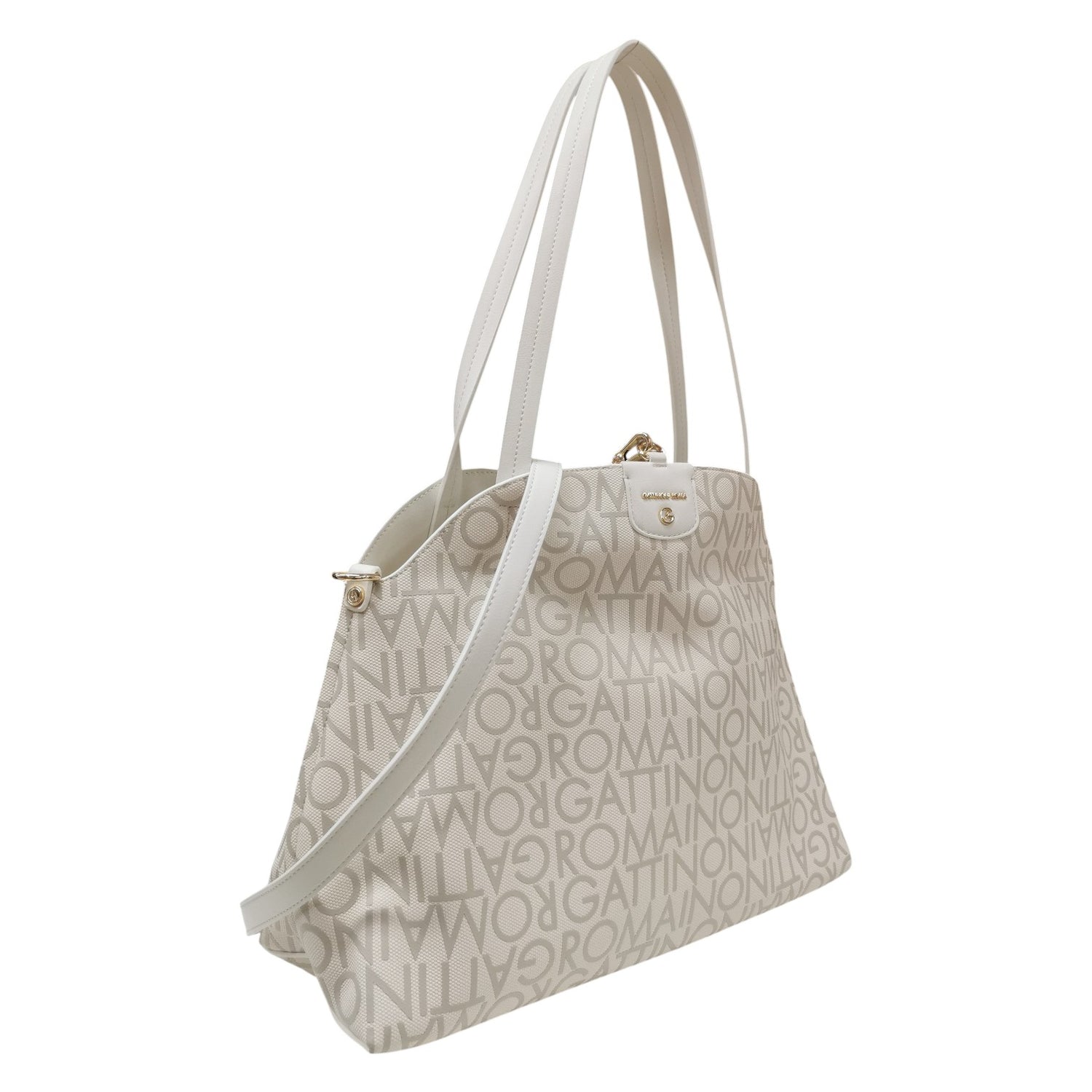 Gattinoni Roma Shopping Bag Reversibile Donna Bianco Sporco Maxi Logo Lettering con Pochette Interna