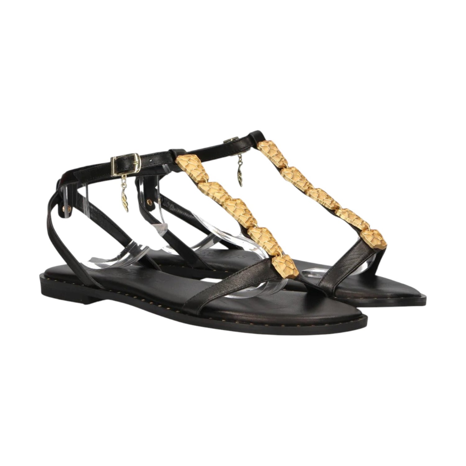 Caryatis Sandalo Nero con Dettaglio Dorato da Donna