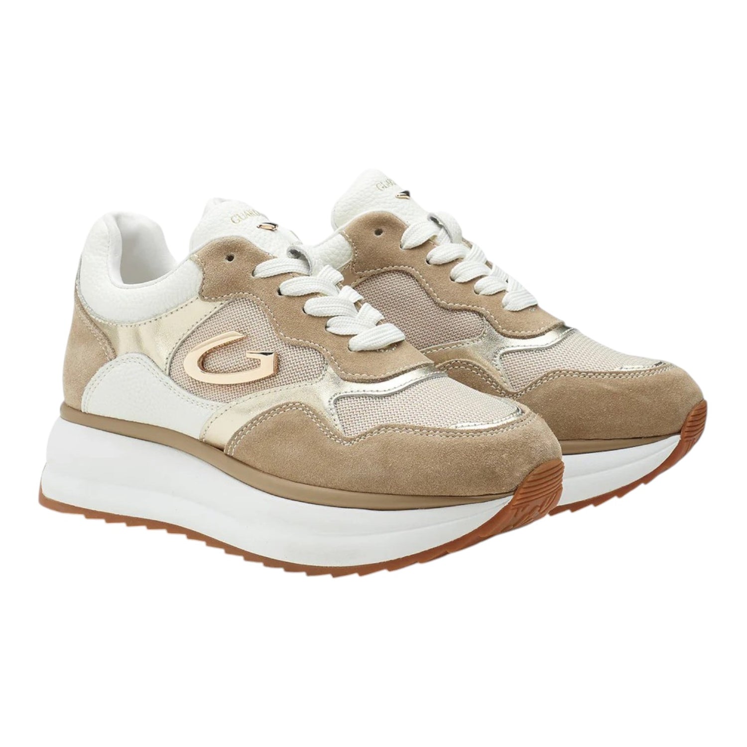 Alberto Guardiani Sneakers Donna Platform in Camoscio e Tessuto Beige Bianca