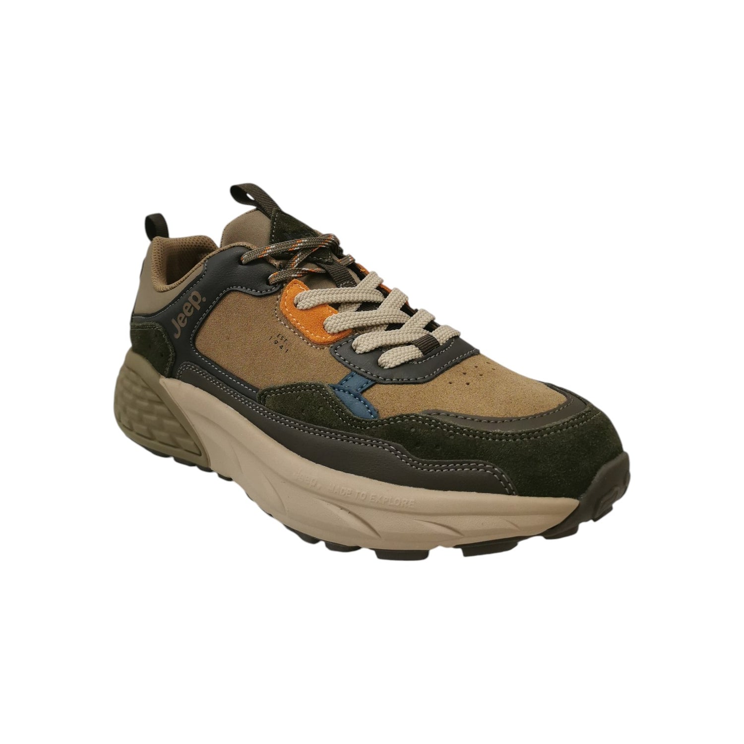 Jeep Sneakers Uomo in Camoscio e Tessuto Kaki con Lacci Bicolore e Logo Impresso Laterale