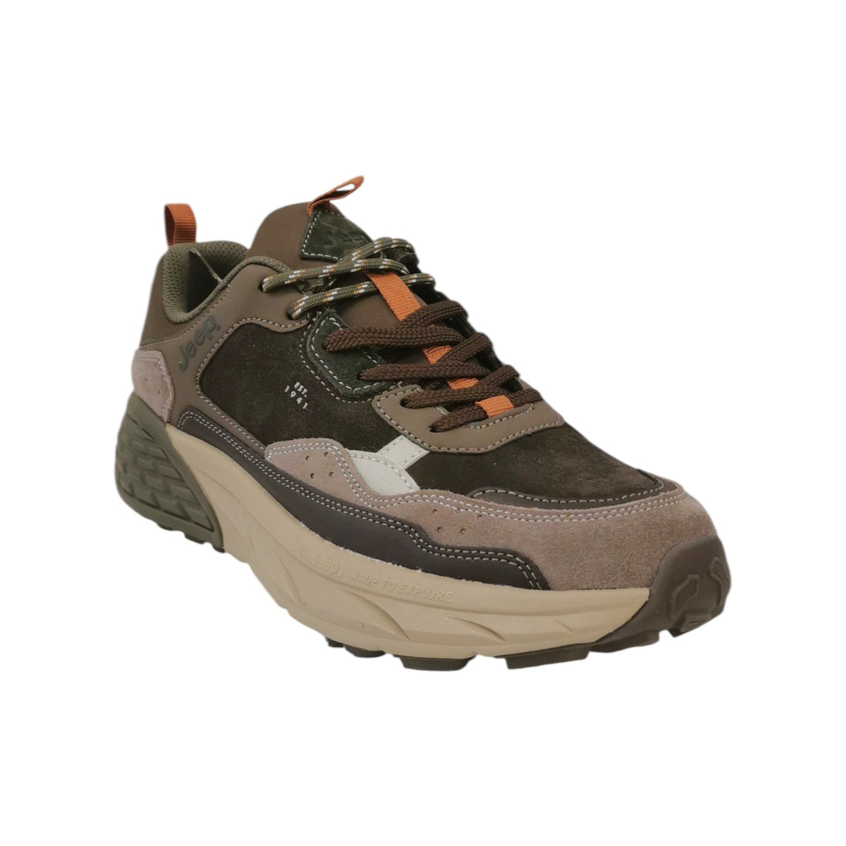 Jeep Sneakers Uomo in Camoscio e Tessuto Marrone con Lacci Bicolore e Logo Impresso Laterale