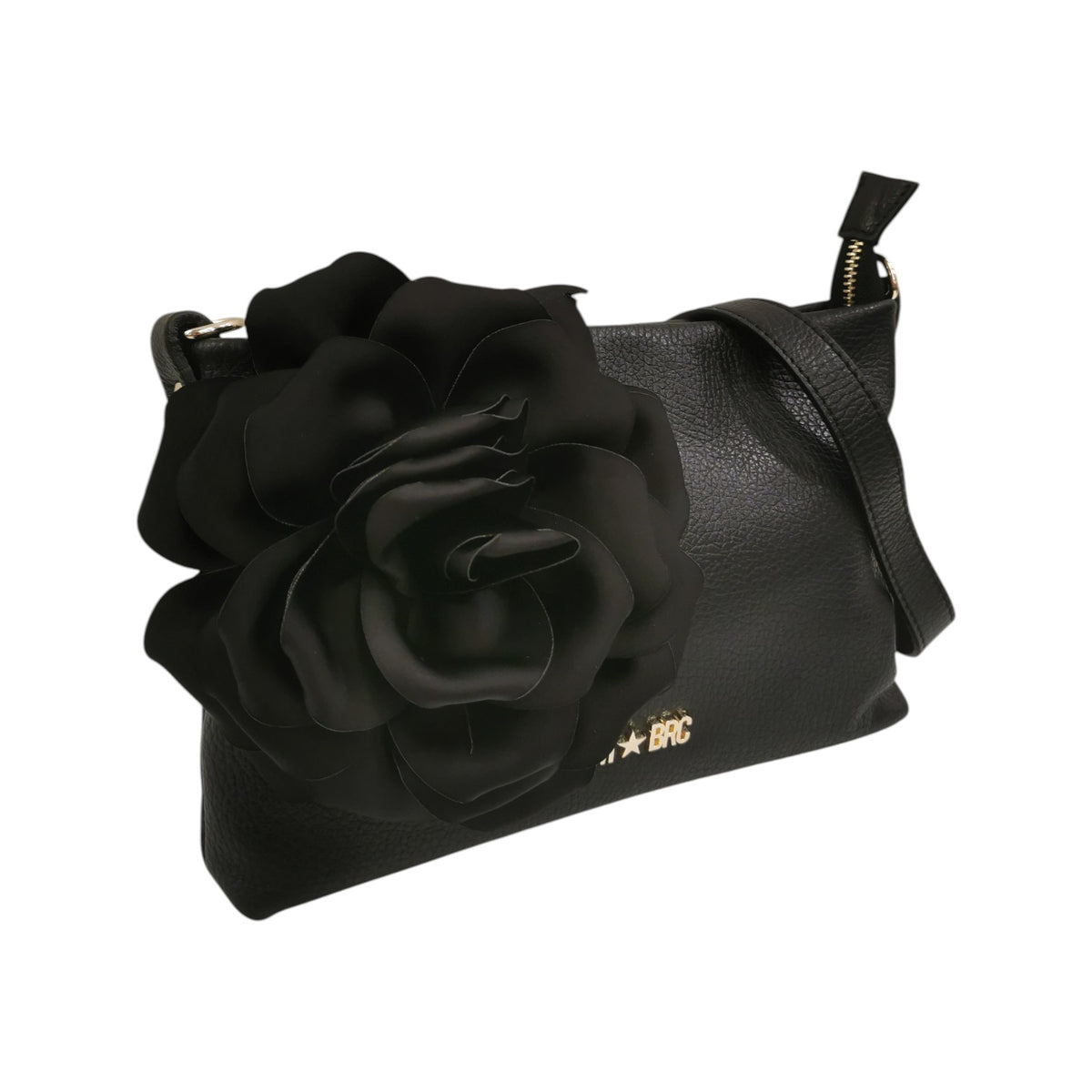 M Brc Pochette Donna in Pelle Nero Linea Dream con Fiore Laterale in Raso