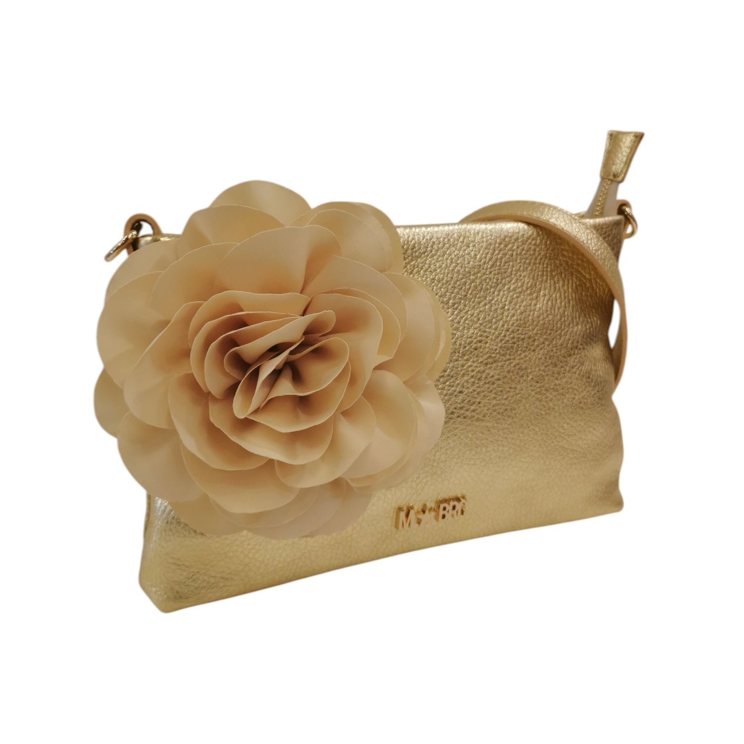 M Brc Pochette Donna in Pelle Oro Linea Dream con Fiore Laterale in Raso