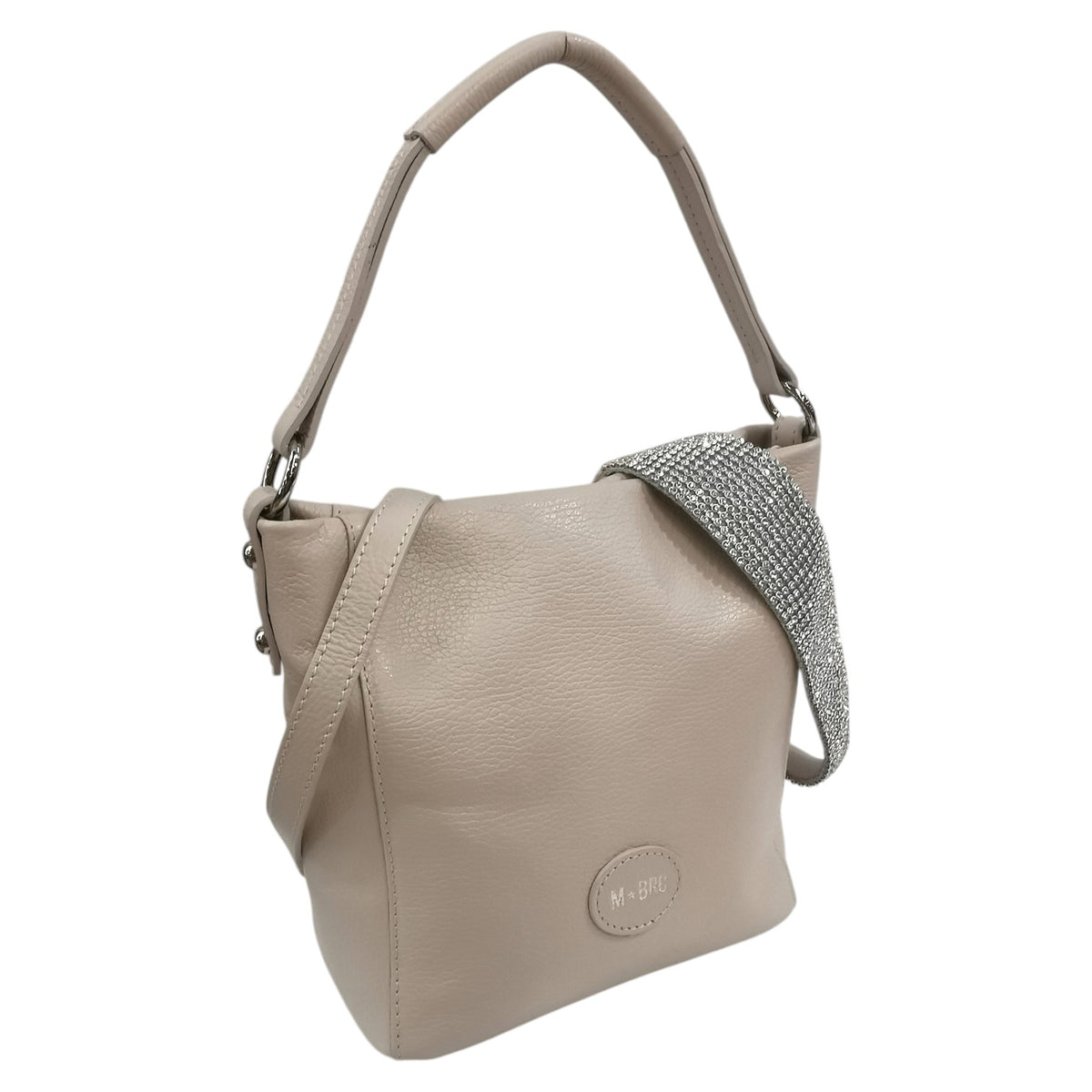 M Brc Borsa a Spalla Donna Linea Chic in Pelle Avorio con Manico Strass