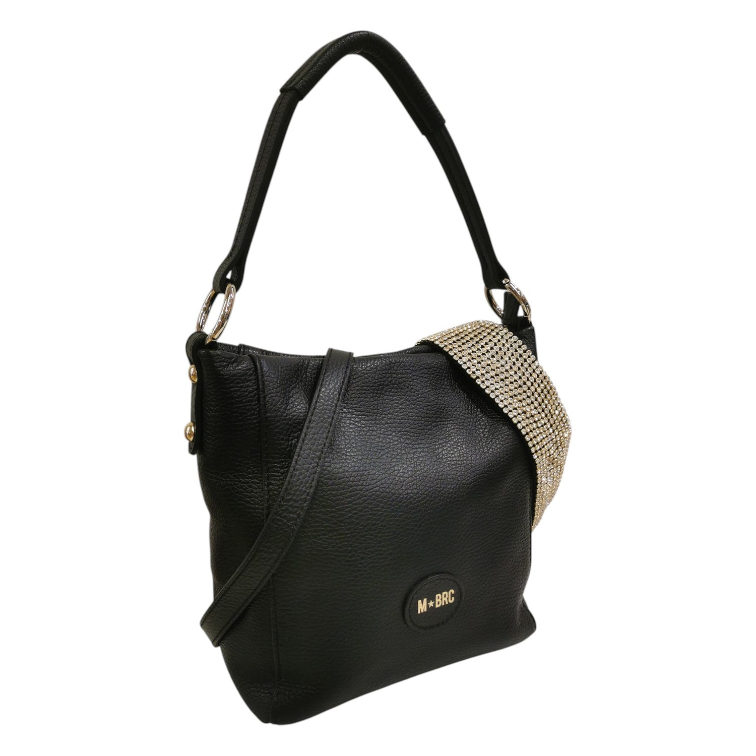 M Brc Borsa a Spalla Donna Linea Chic in Pelle Nera con Manico Strass