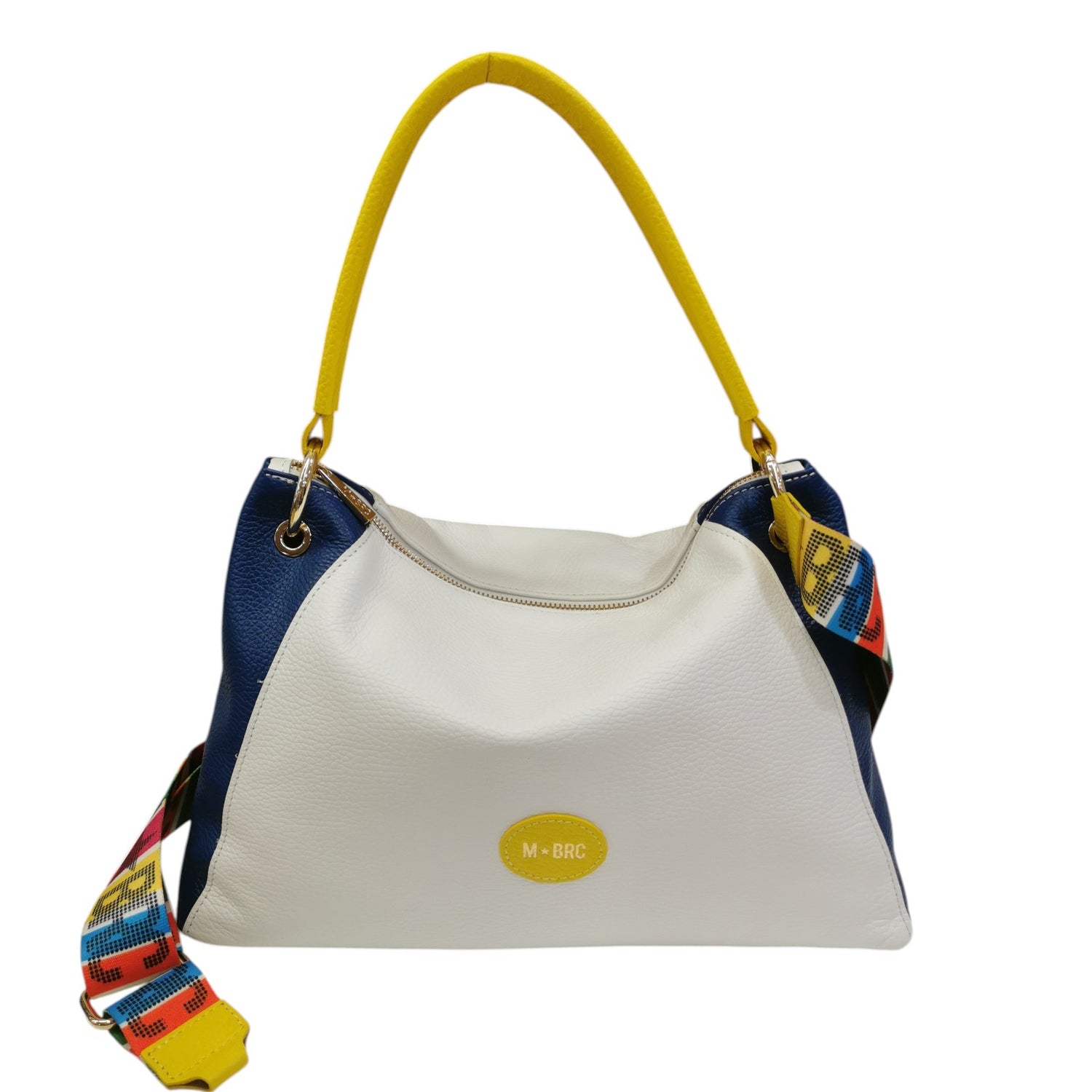 M Brc Borsa a Spalla Donna in Pelle Bianco Multi con Tracollo Multi Logo Lettering