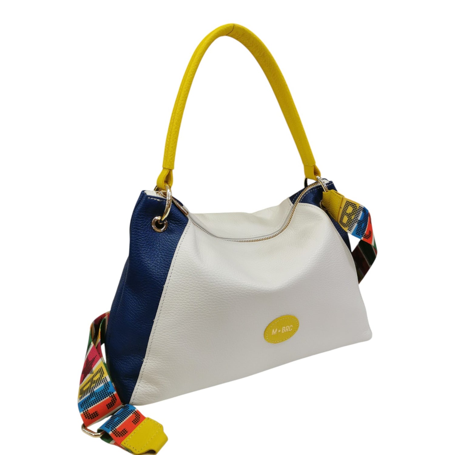 M Brc Borsa a Spalla Donna in Pelle Bianco Multi con Tracollo Multi Logo Lettering