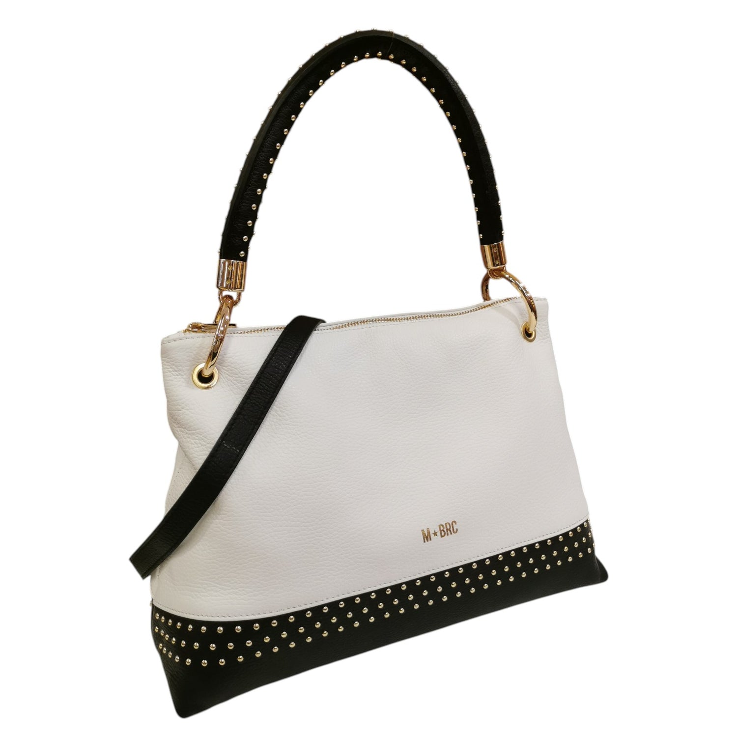M Brc Borsa a Spalla Donna Linea Chiodo in Pelle Bianca Nera con Tracolla