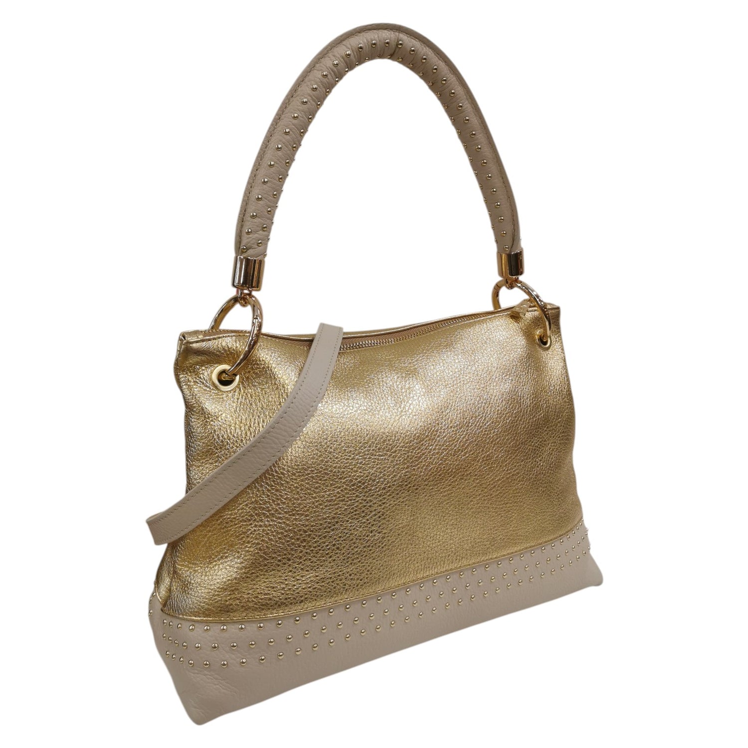 M Brc Borsa a Spalla Donna Linea Chiodo in Pelle Oro Avorio con Tracolla