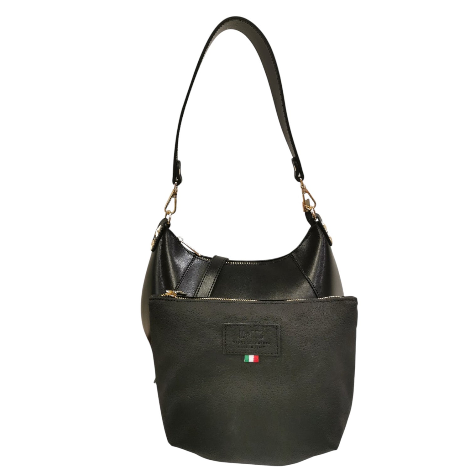 M Brc Borsa a Spalla Media Linea Curvy Donna in Pelle Nera Con Pochette e Chiusura con Cerniera