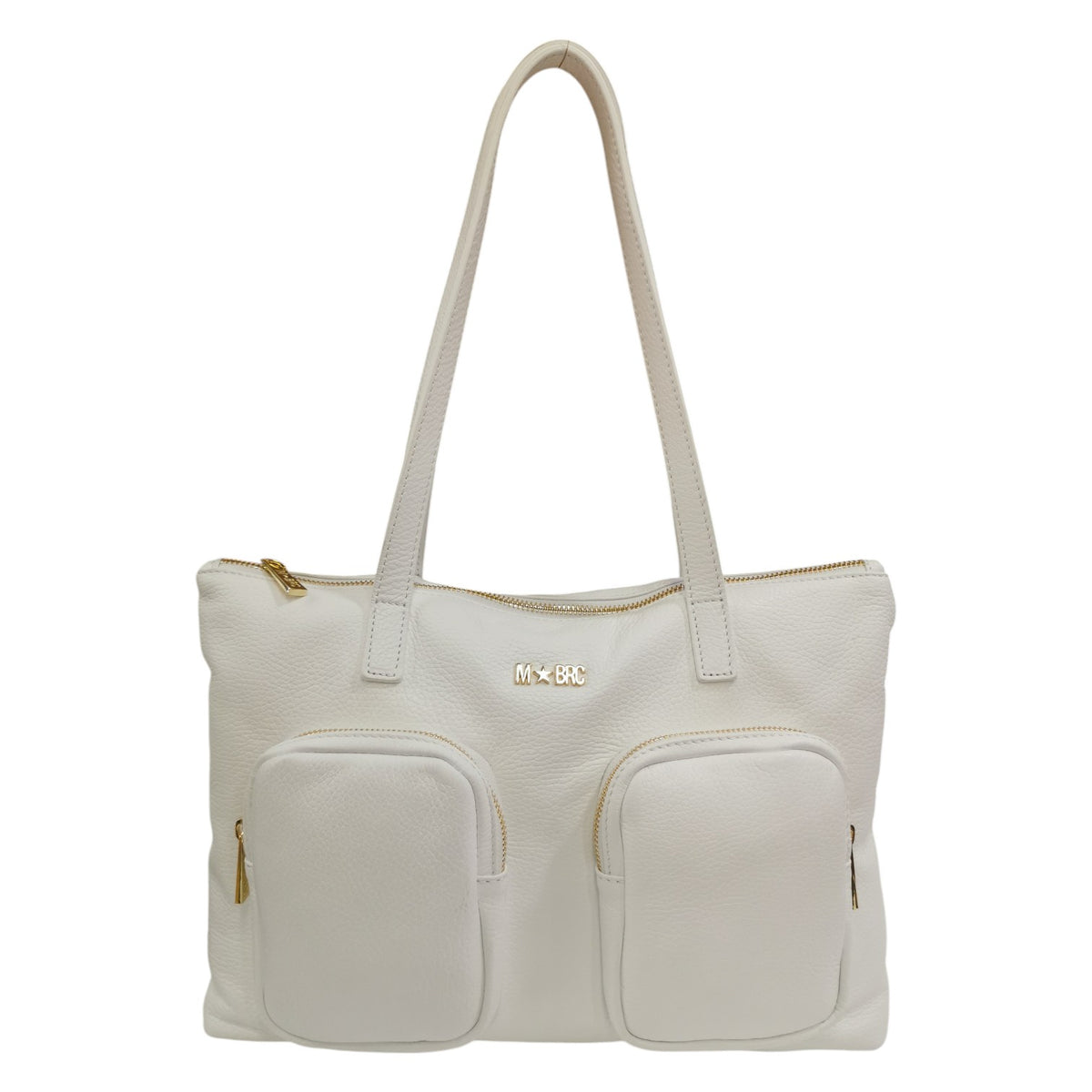 M Brc Shopping Bag Donna Linea Voyager in Pelle BIanca con Tasconi Frontali