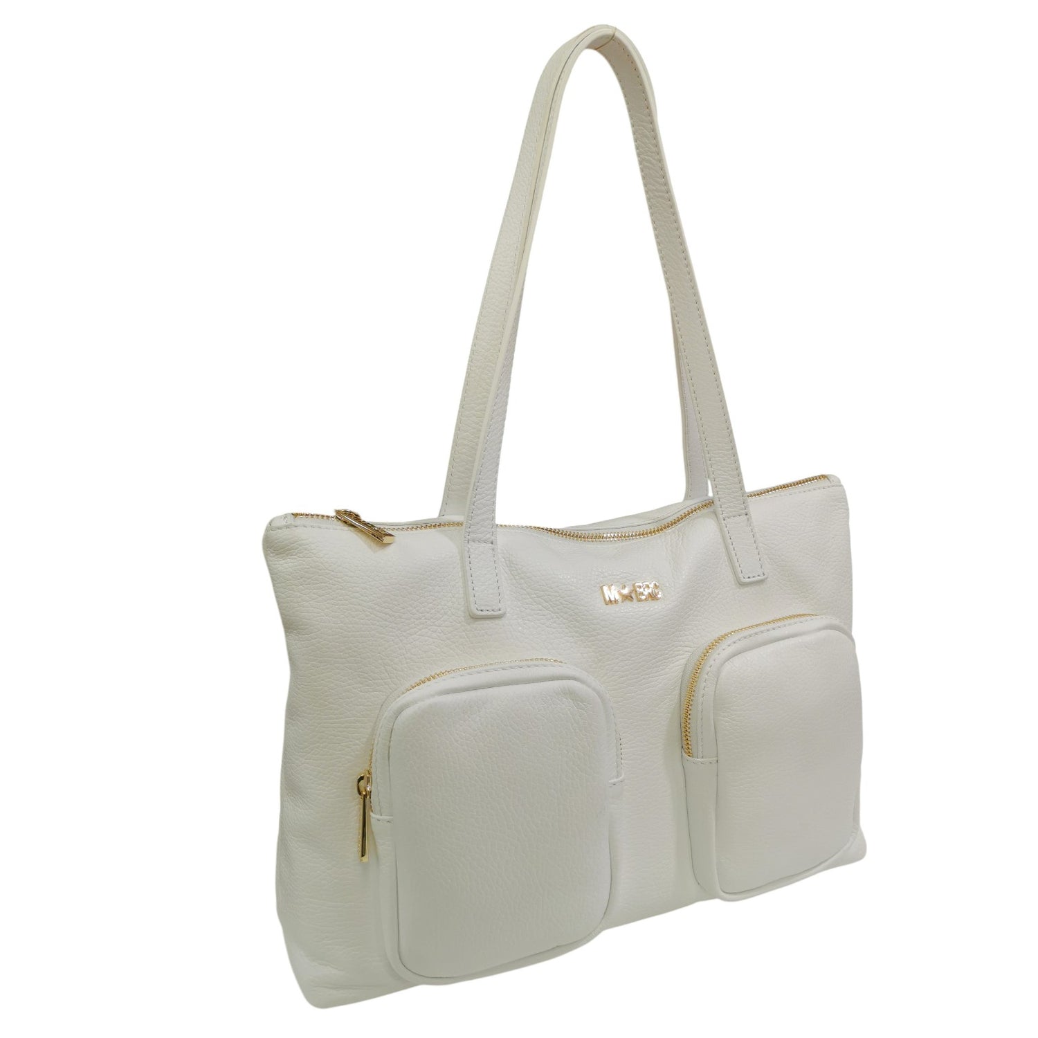 M Brc Shopping Bag Donna Linea Voyager in Pelle BIanca con Tasconi Frontali
