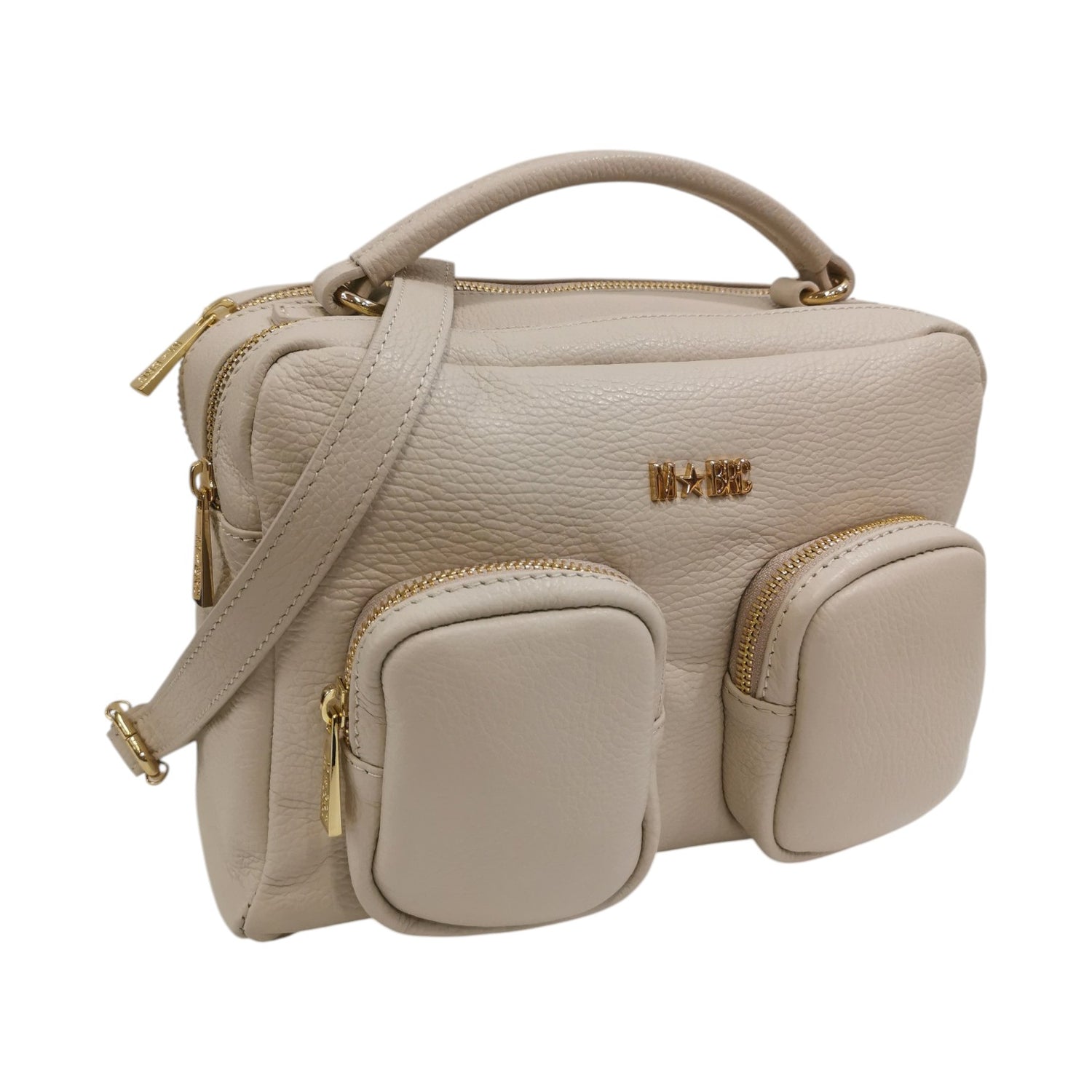 M Brc Borsa a Mano Donna in Pelle Avorio Linea Voyager con Tasconi Frontali e Tracolla