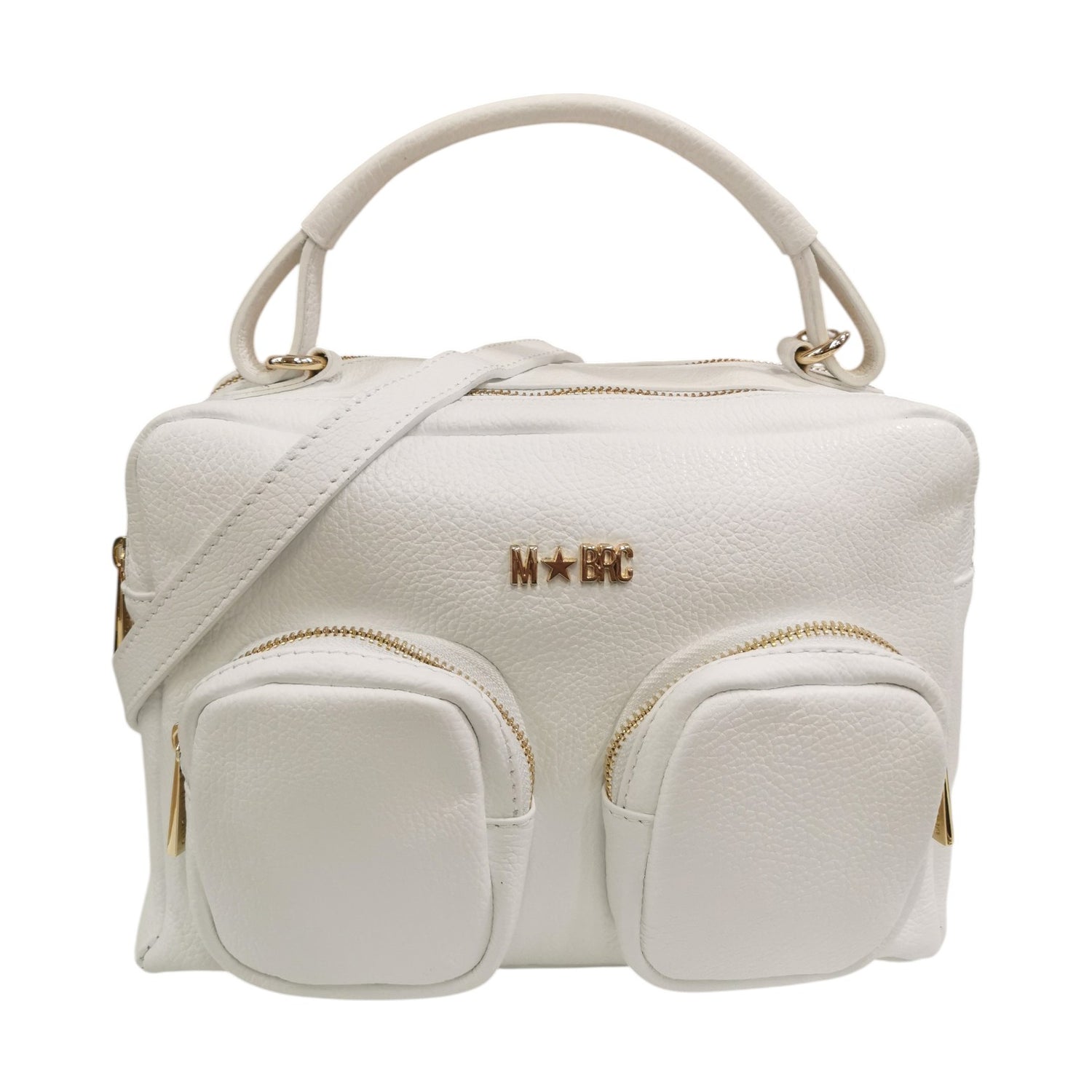 M Brc Borsa a Mano Donna in Pelle Bianco Linea Voyager con Tasconi Frontali e Tracolla