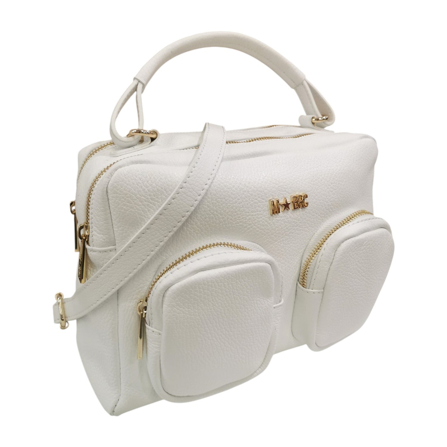 M Brc Borsa a Mano Donna in Pelle Bianco Linea Voyager con Tasconi Frontali e Tracolla