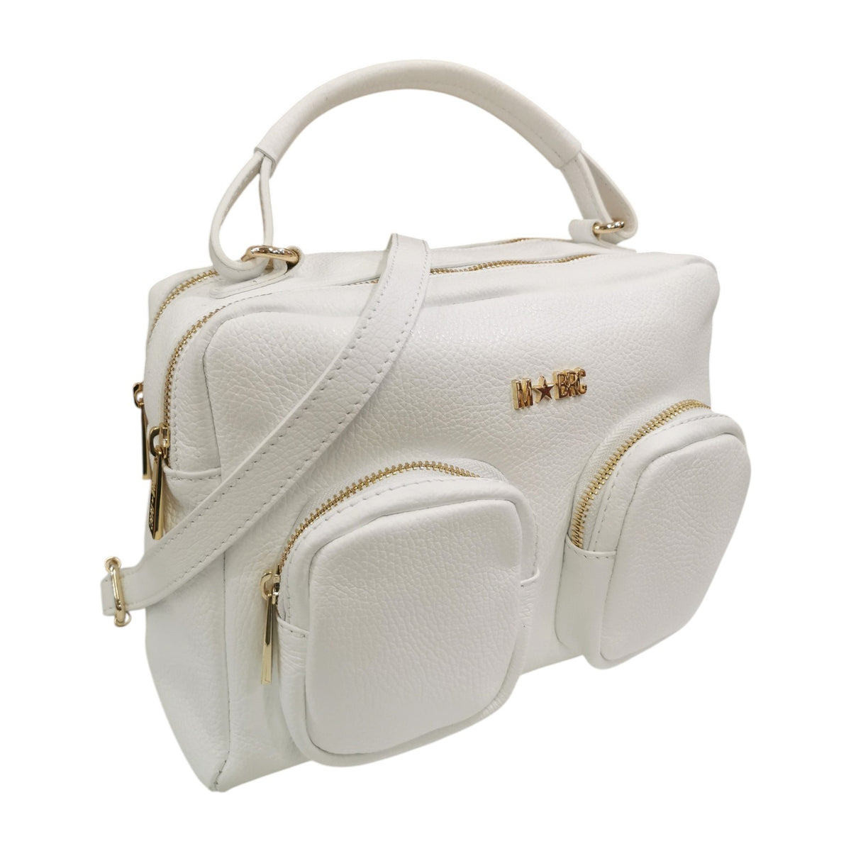 M Brc Borsa a Mano Donna in Pelle Bianco Linea Voyager con Tasconi Frontali e Tracolla