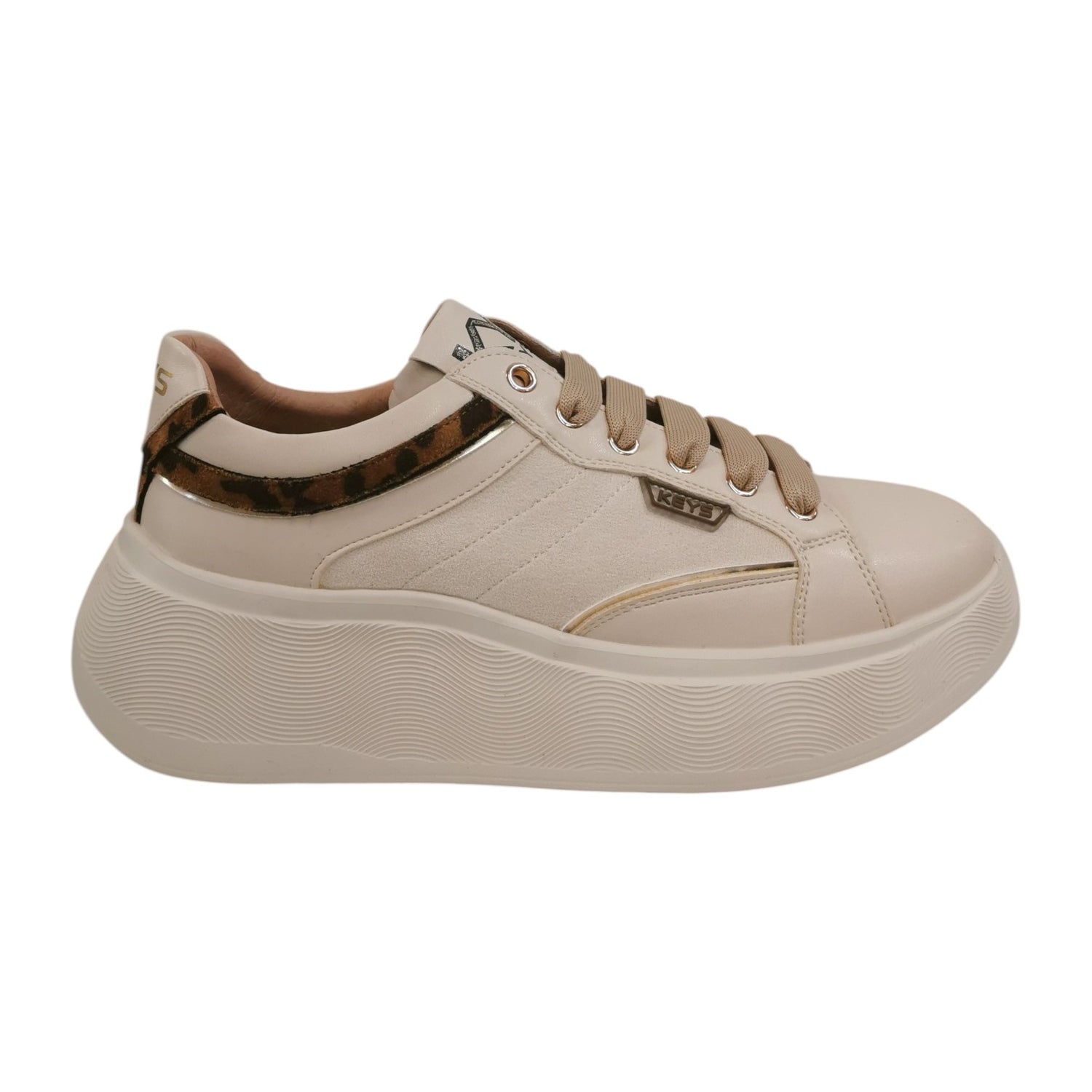 Keys Sneakers Donna in Ecopelle e Camoscio Crema con Stampa Leopardata