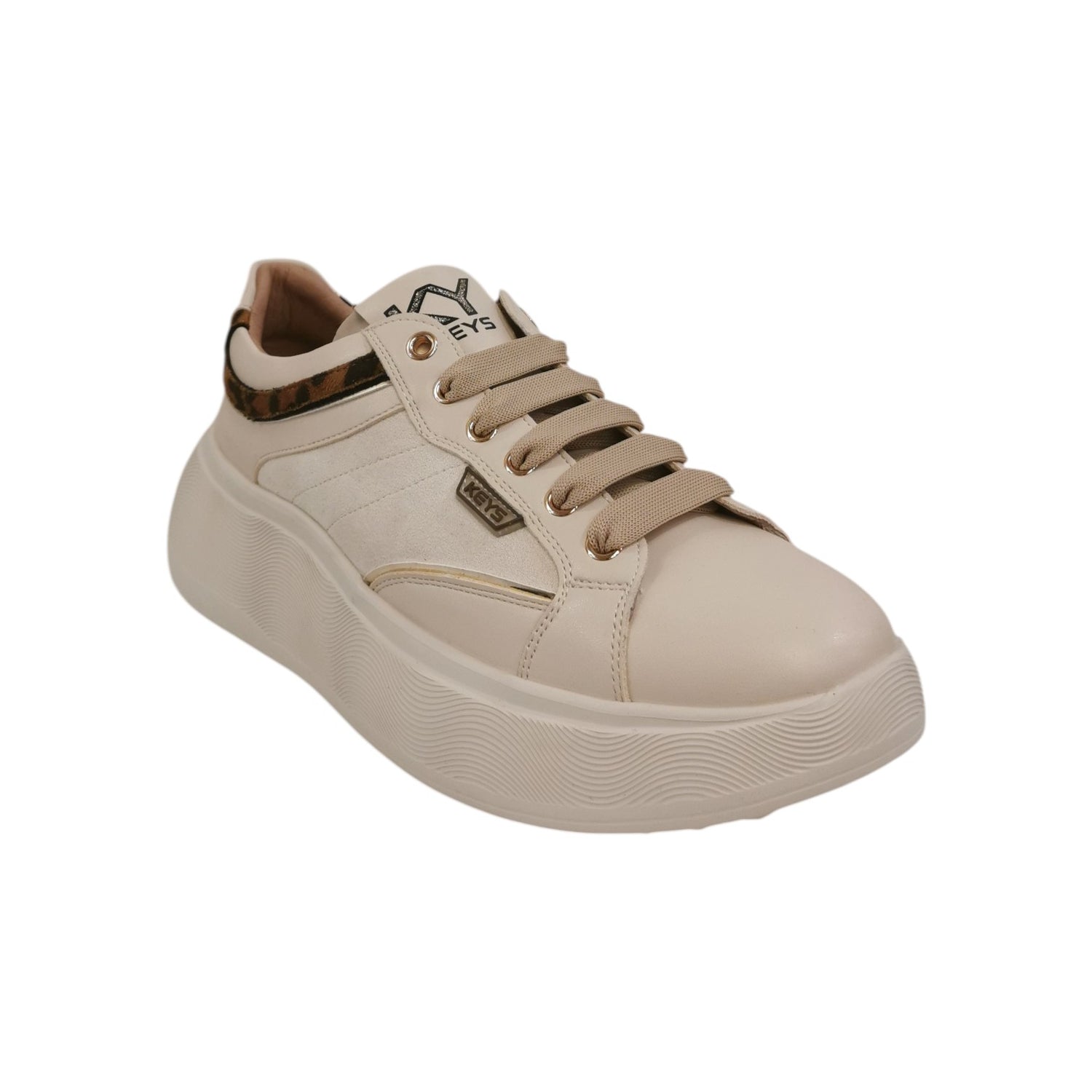 Keys Sneakers Donna in Ecopelle e Camoscio Crema con Stampa Leopardata