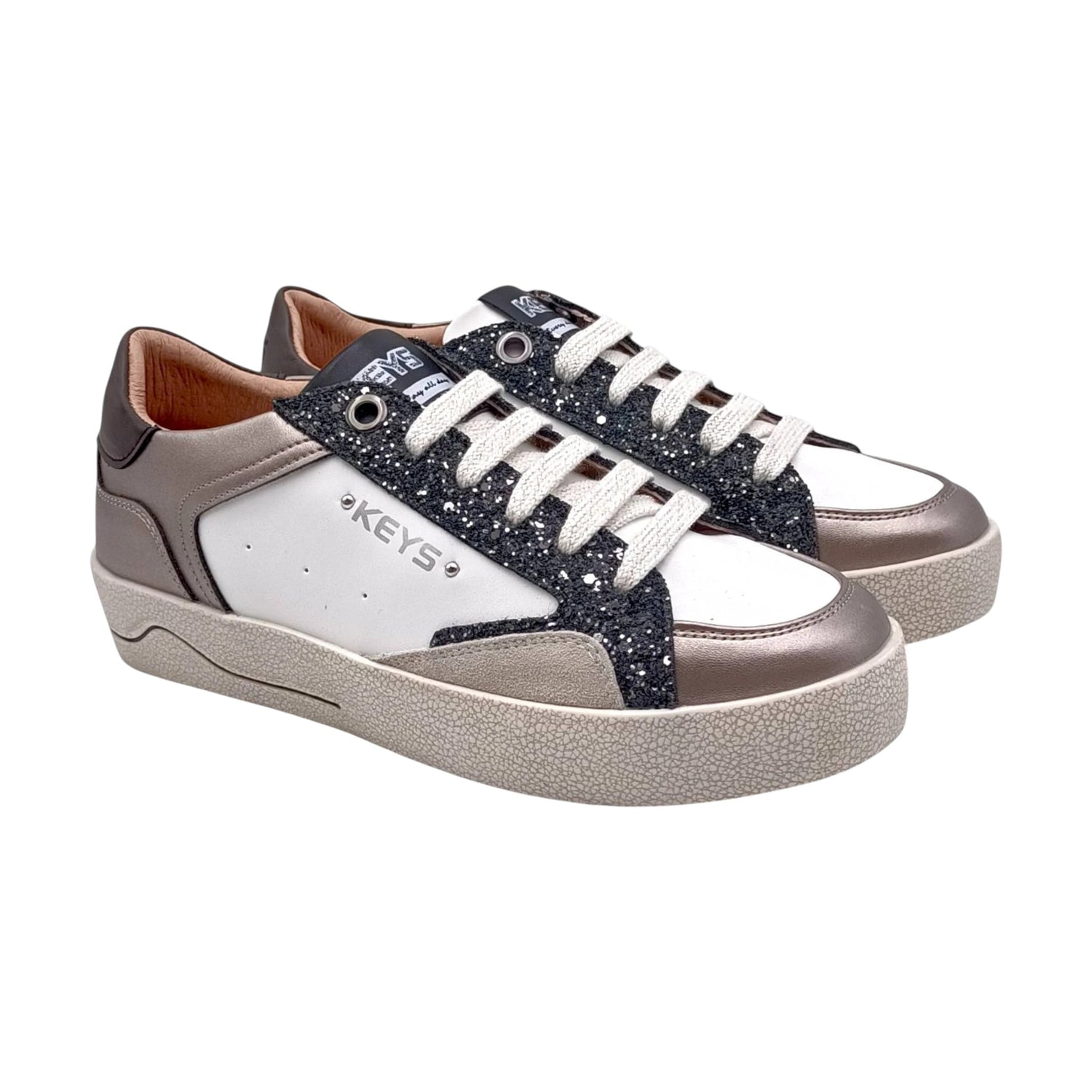 Keys Sneakers Donna in Pelle Bianco Tortora con Strass