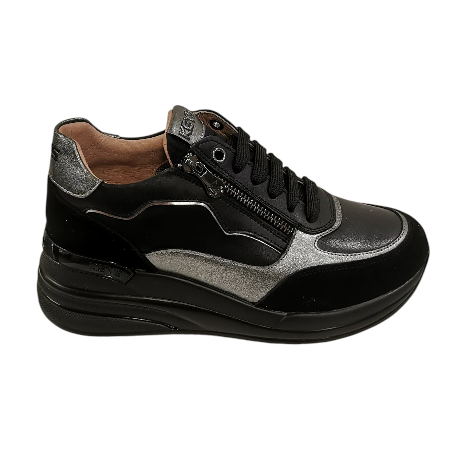 Keys Sneakers Donna in Pelle Laminata e Camoscio Nero con Zeppa
