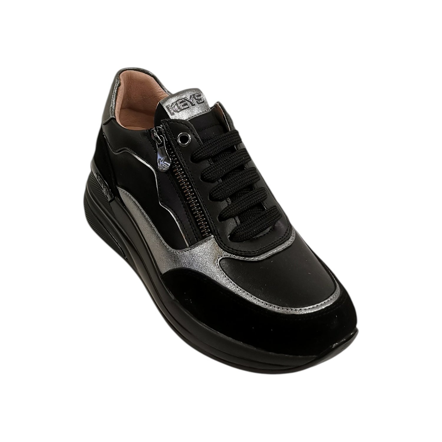 Keys Sneakers Donna in Pelle Laminata e Camoscio Nero con Zeppa
