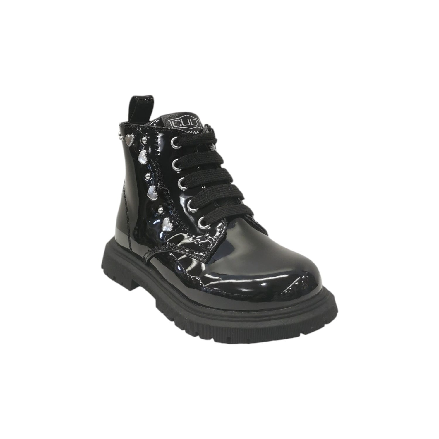 Cult Young Anfibio Bambina in Vernice Nero con Cuori e Lacci con Zip