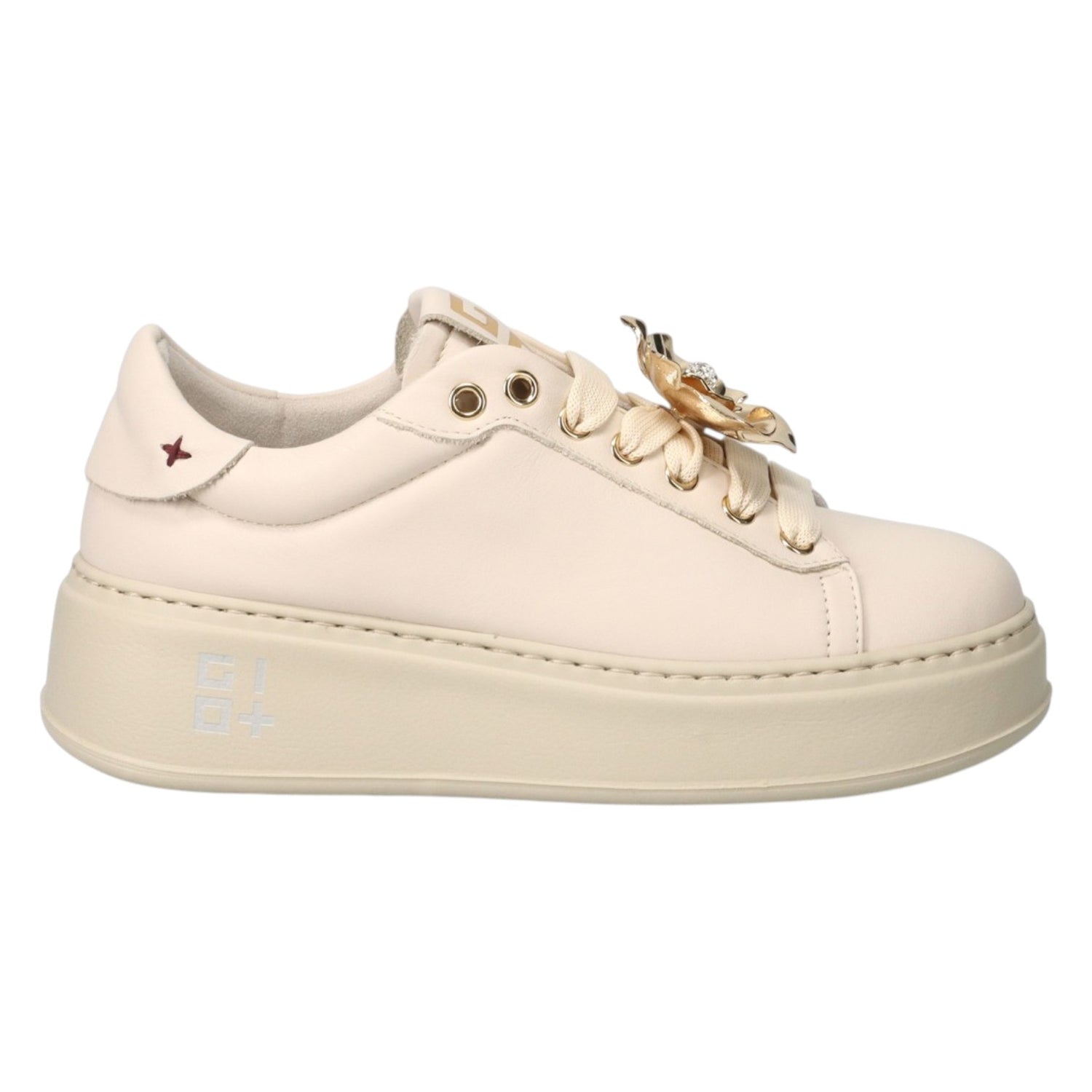Gio+ Sneakers Platform Donna in Pelle Crema con Fiore Oro e Strass