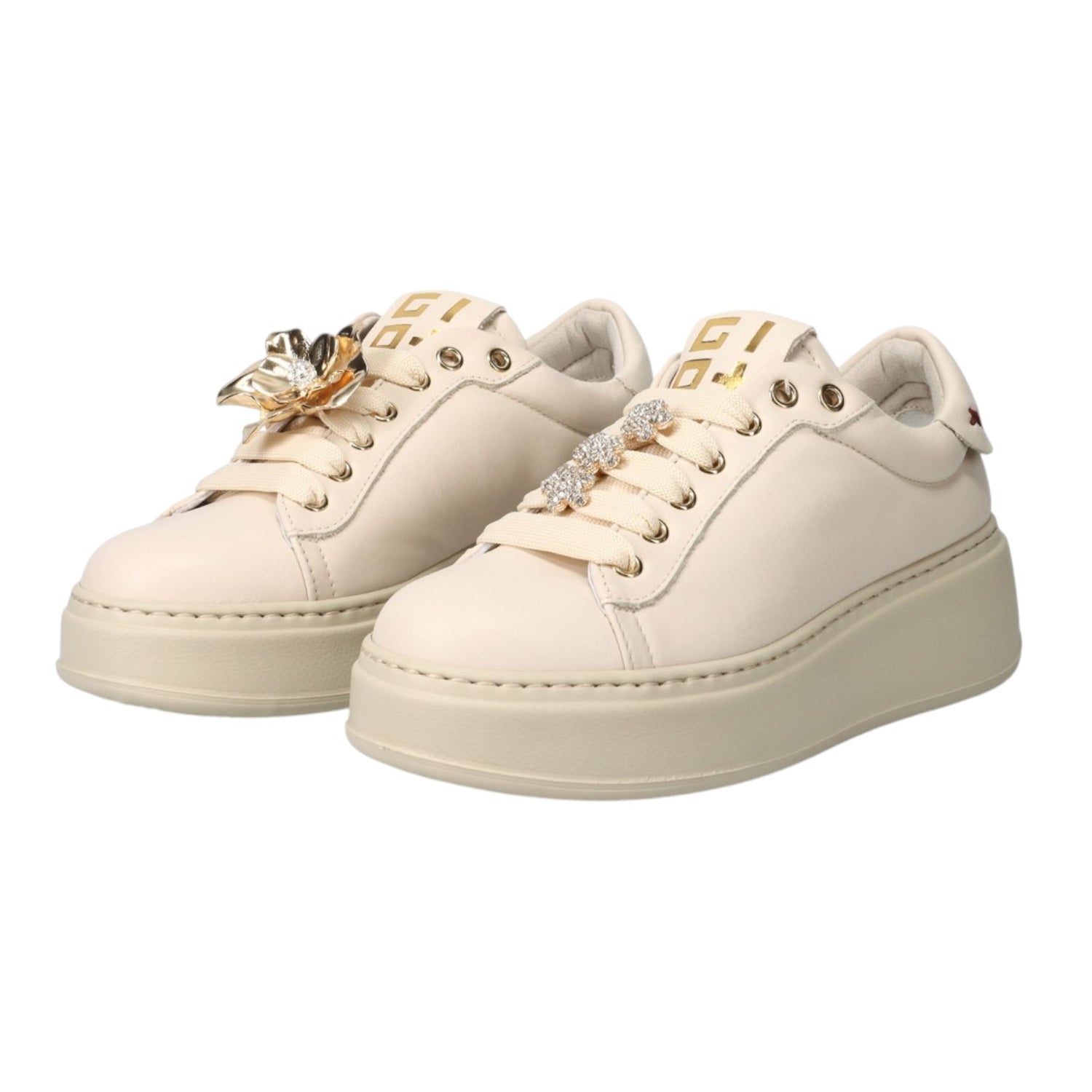 Gio+ Sneakers Platform Donna in Pelle Crema con Fiore Oro e Strass