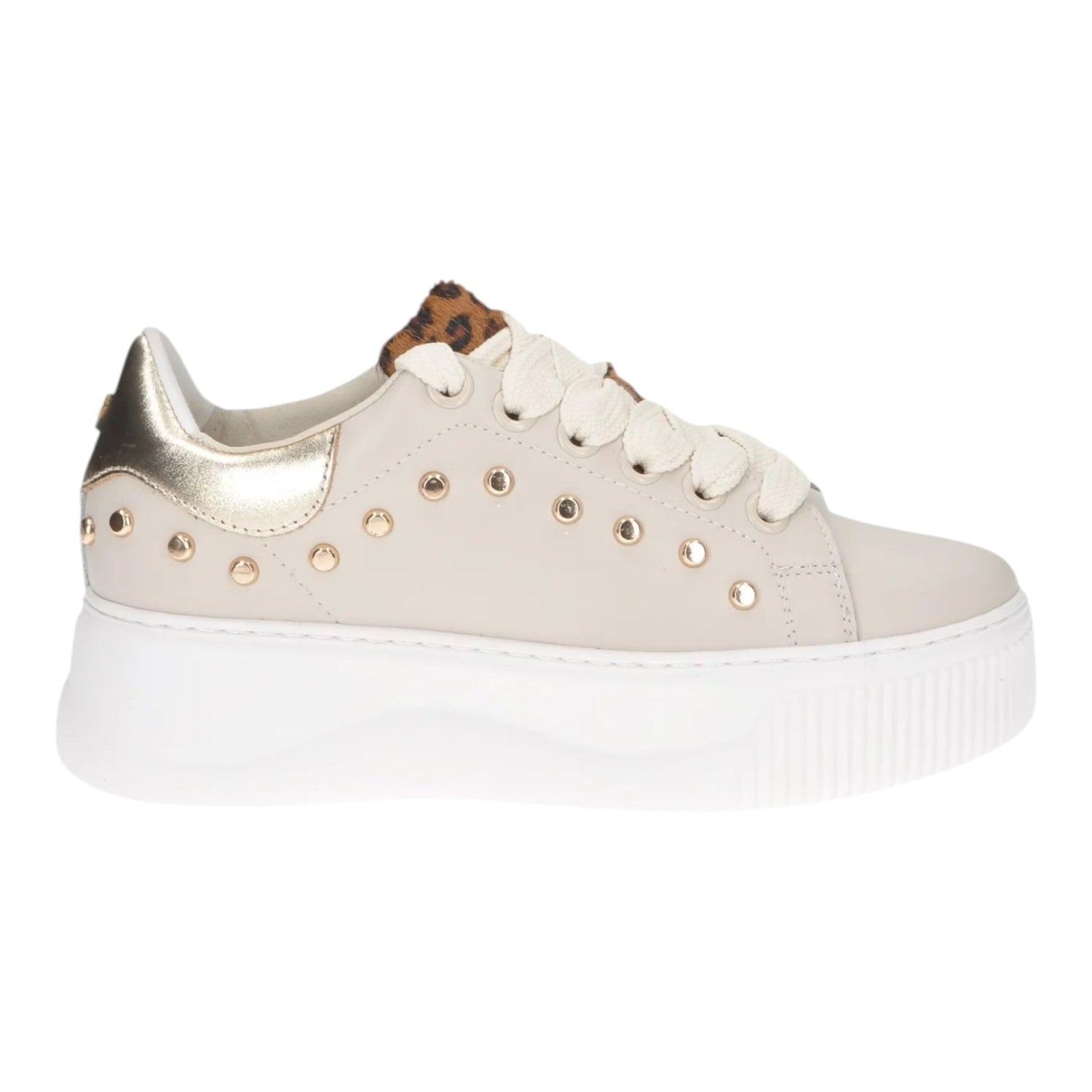 Cult Sneakers Platform Donna in Pelle Beige con Dettagli Animalieri e Borchie Dorate