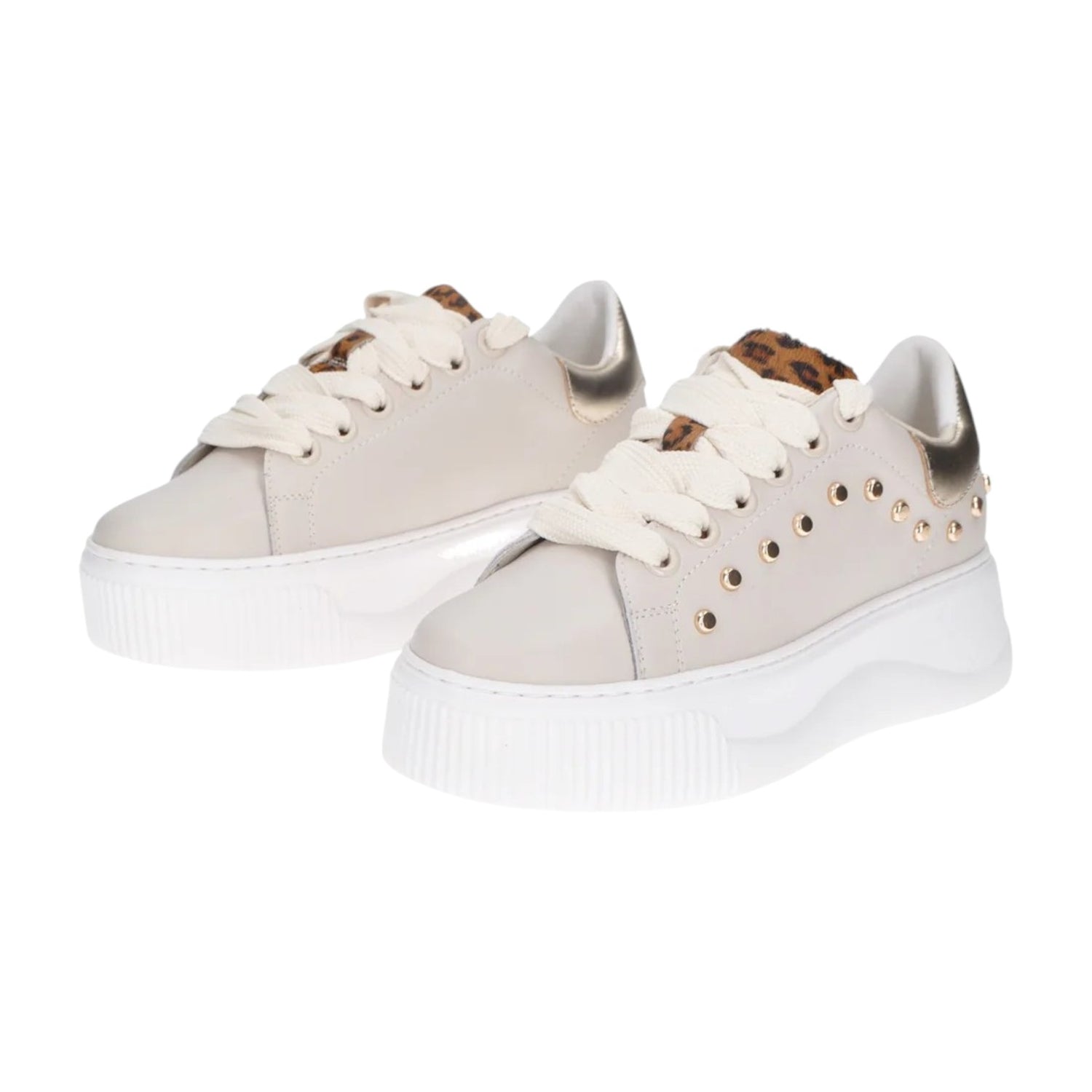 Cult Sneakers Platform Donna in Pelle Beige con Dettagli Animalieri e Borchie Dorate