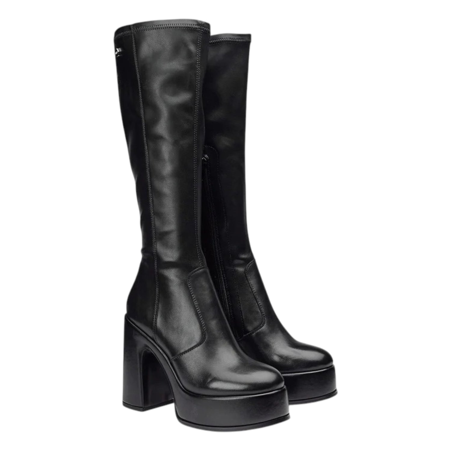 Cult Stivale Alto Donna in Pelle Nera con Tacco Largo 120mm e Plateau 40mm