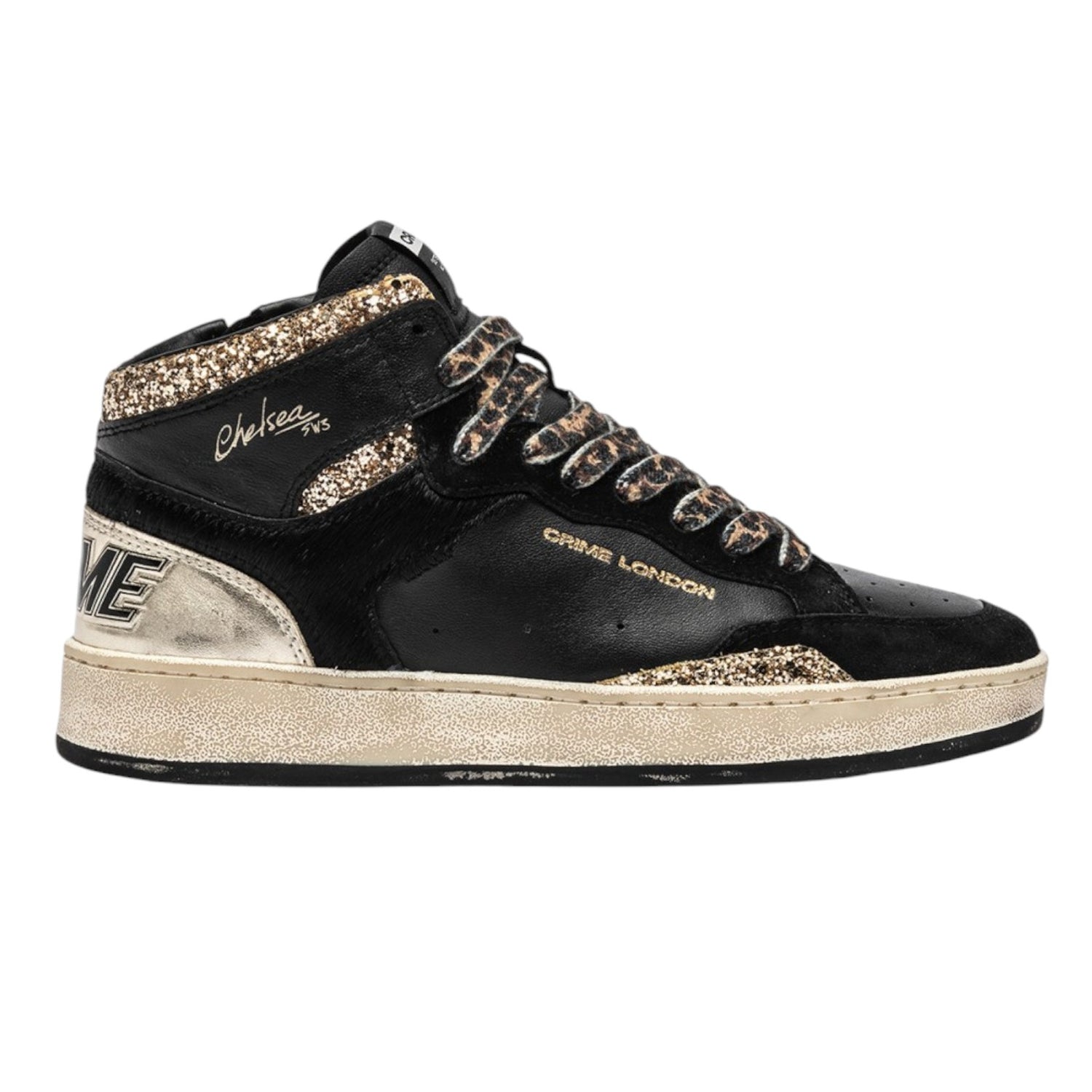 Crime London Sneakers Alta Donna in Pelle e Camoscio Nera Chelsea High Midnight Gold
