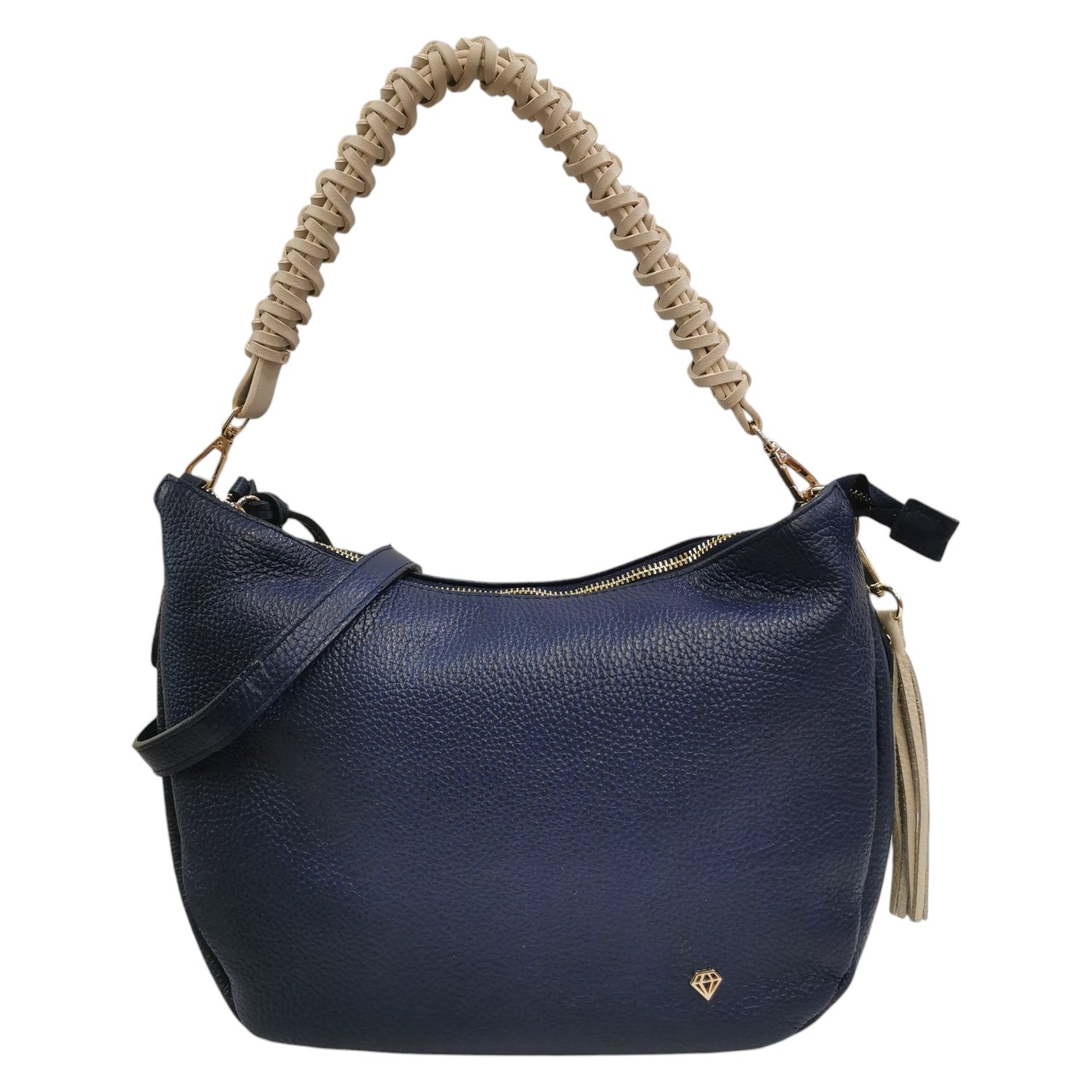 Caleidos Borsa a Spalla Donna in Pelle Blu Beige con Manico Intrecciato e Tracolla