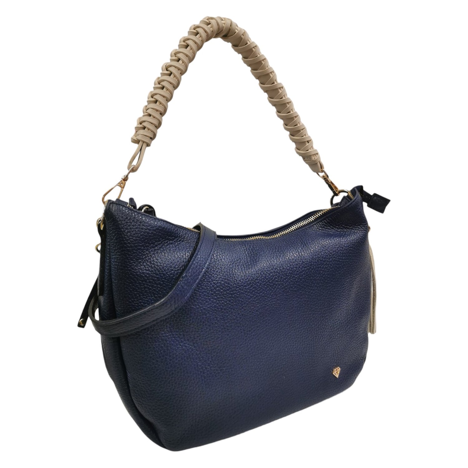 Caleidos Borsa a Spalla Donna in Pelle Blu Beige con Manico Intrecciato e Tracolla