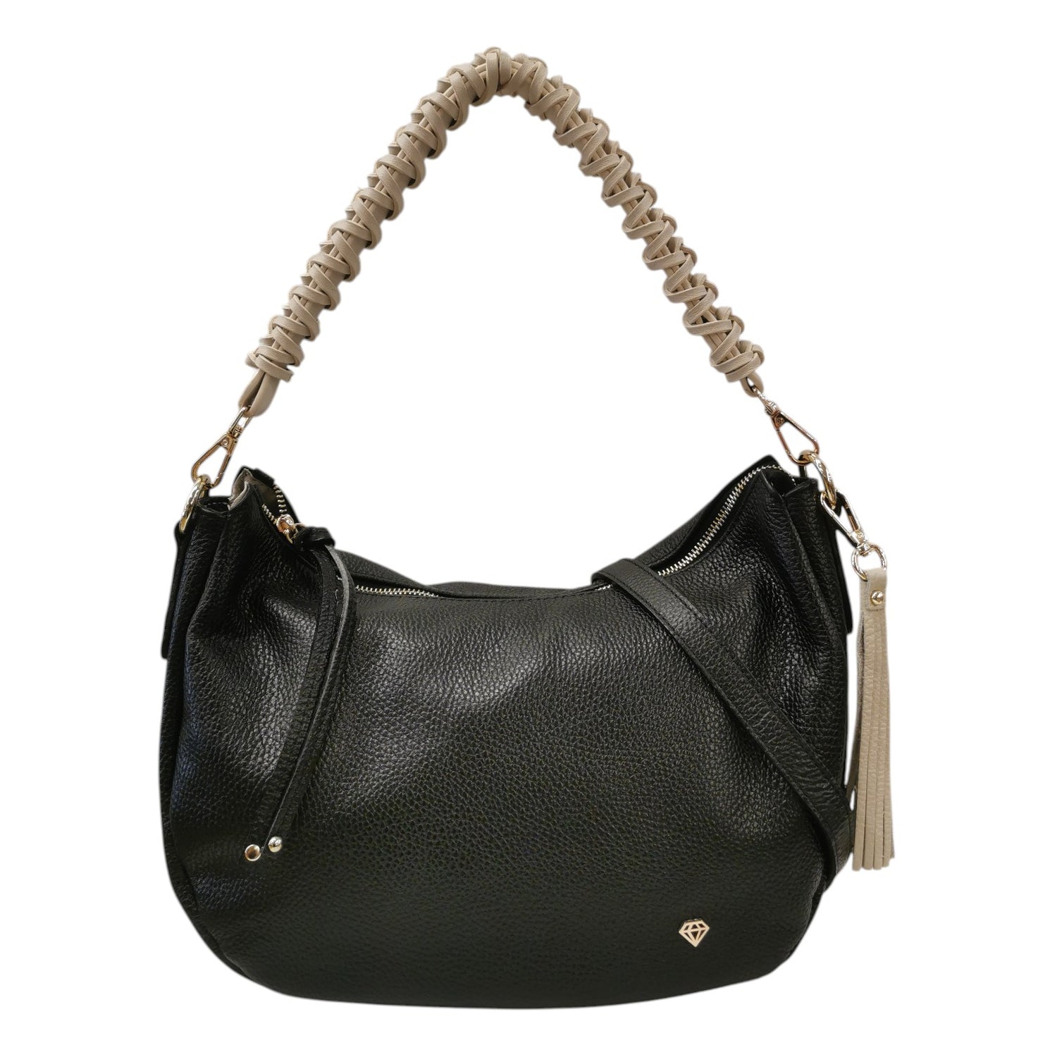 Caleidos Borsa a Spalla Donna in Pelle Nero Beige con Manico Intrecciato e Tracolla