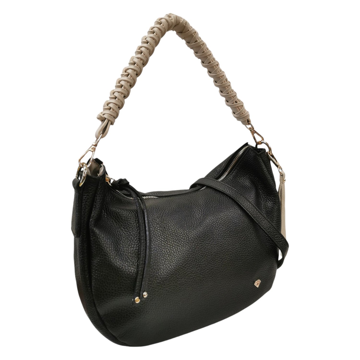 Caleidos Borsa a Spalla Donna in Pelle Nero Beige con Manico Intrecciato e Tracolla