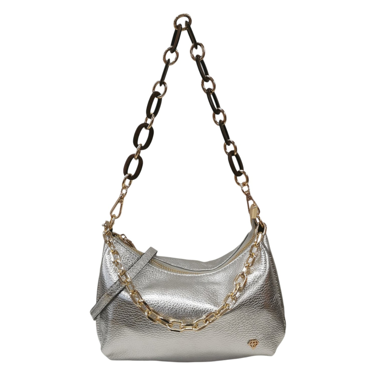 Caleidos Borsa a Spalla Piccola Donna in Pelle Laminata Argento con Doppia Catena Dorata
