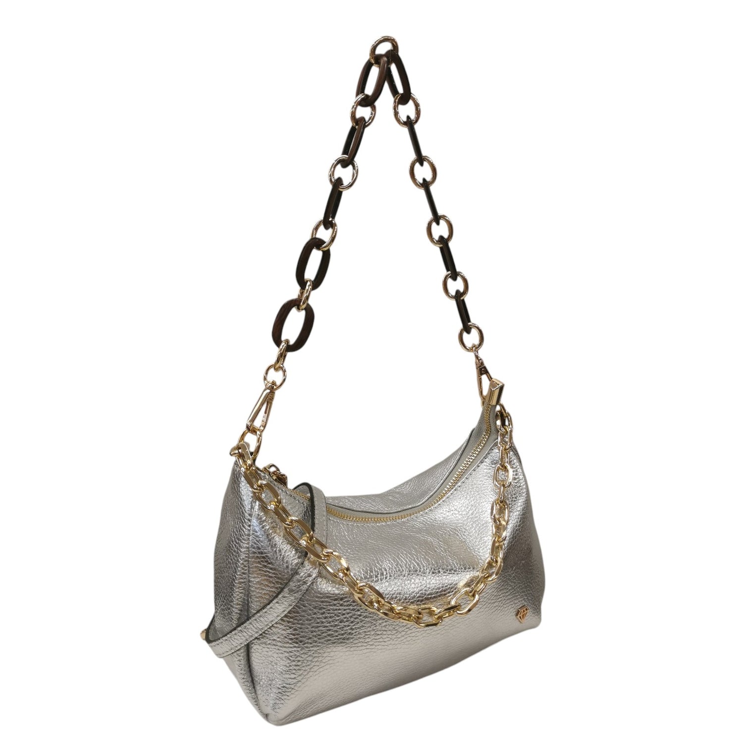 Caleidos Borsa a Spalla Piccola Donna in Pelle Laminata Argento con Doppia Catena Dorata