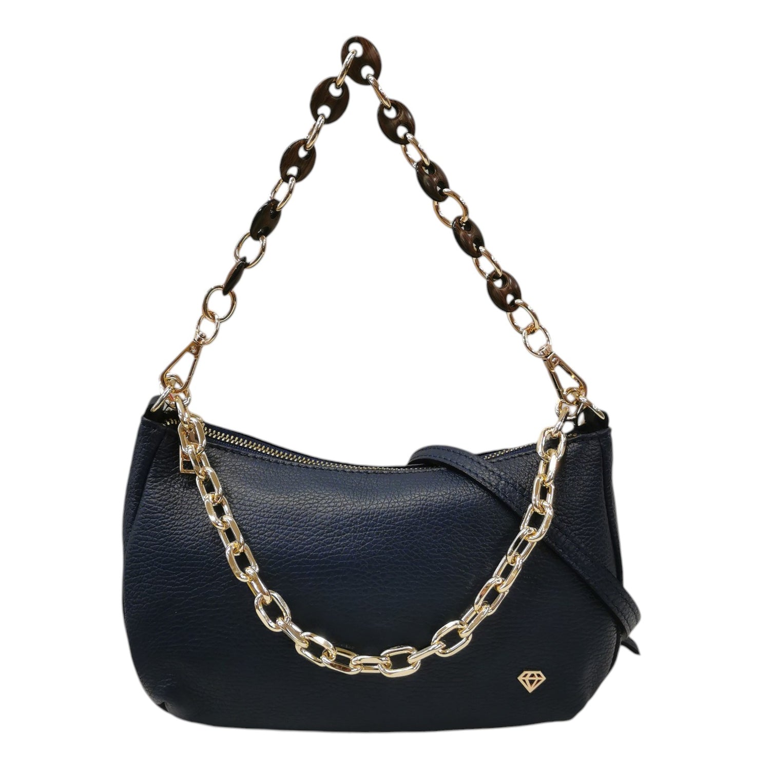 Caleidos Borsa a Spalla Donna in Pelle Martellata Blu Notte con Doppia Catena Dorata