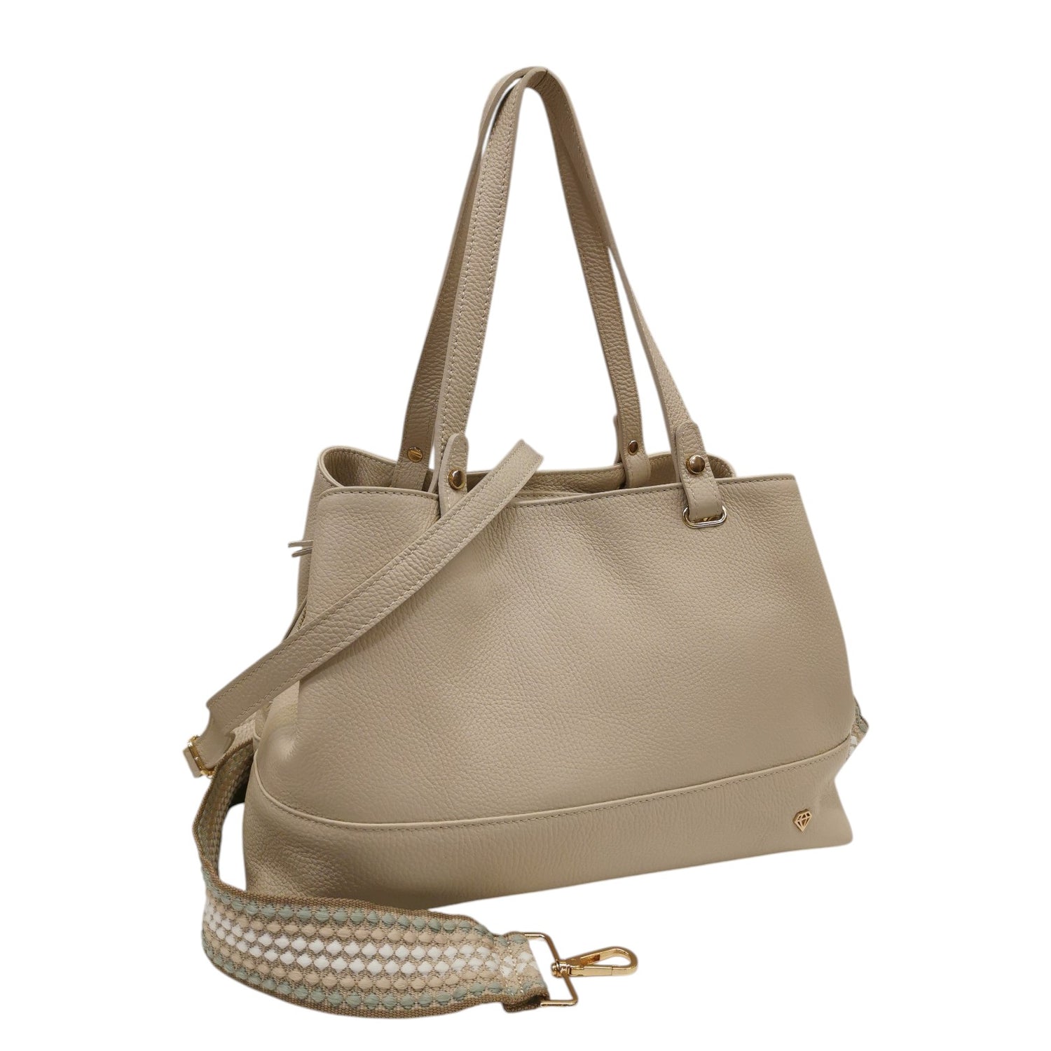 Caleidos Borsa a Spalla Grande Donna in Pelle Beige con Doppia Tracolla